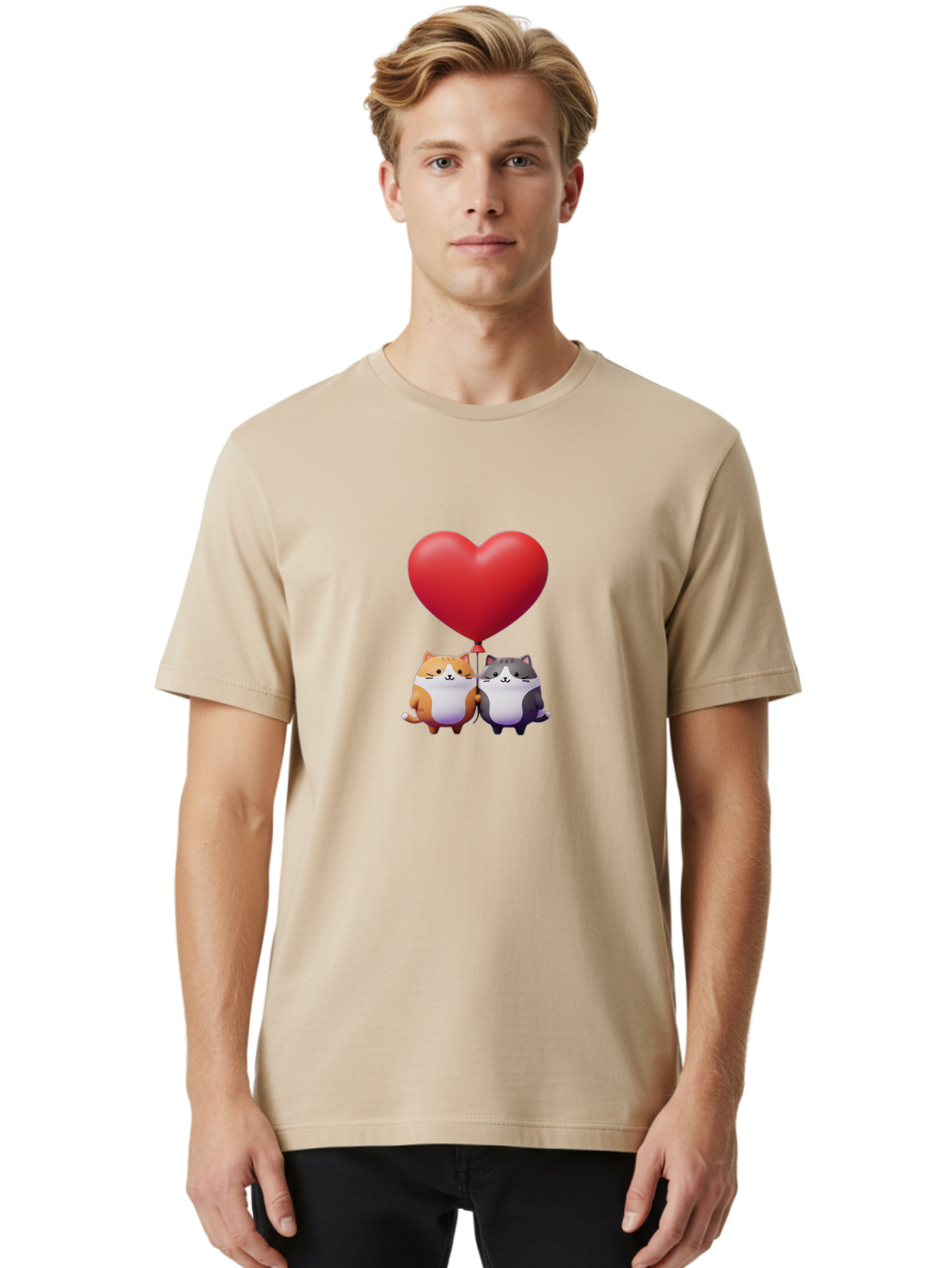 Two-Cats-With-Heart-Balloon Men'S Graphic Tee, 100% Cotton, Comfortable Casual Summer Wear, Machine Washable, Vintage Camera, Old Camera, Antique Camera, Black Camera, Classic Photography, Photography Equipment, Nostalgic Device, Film Camera, Bai490