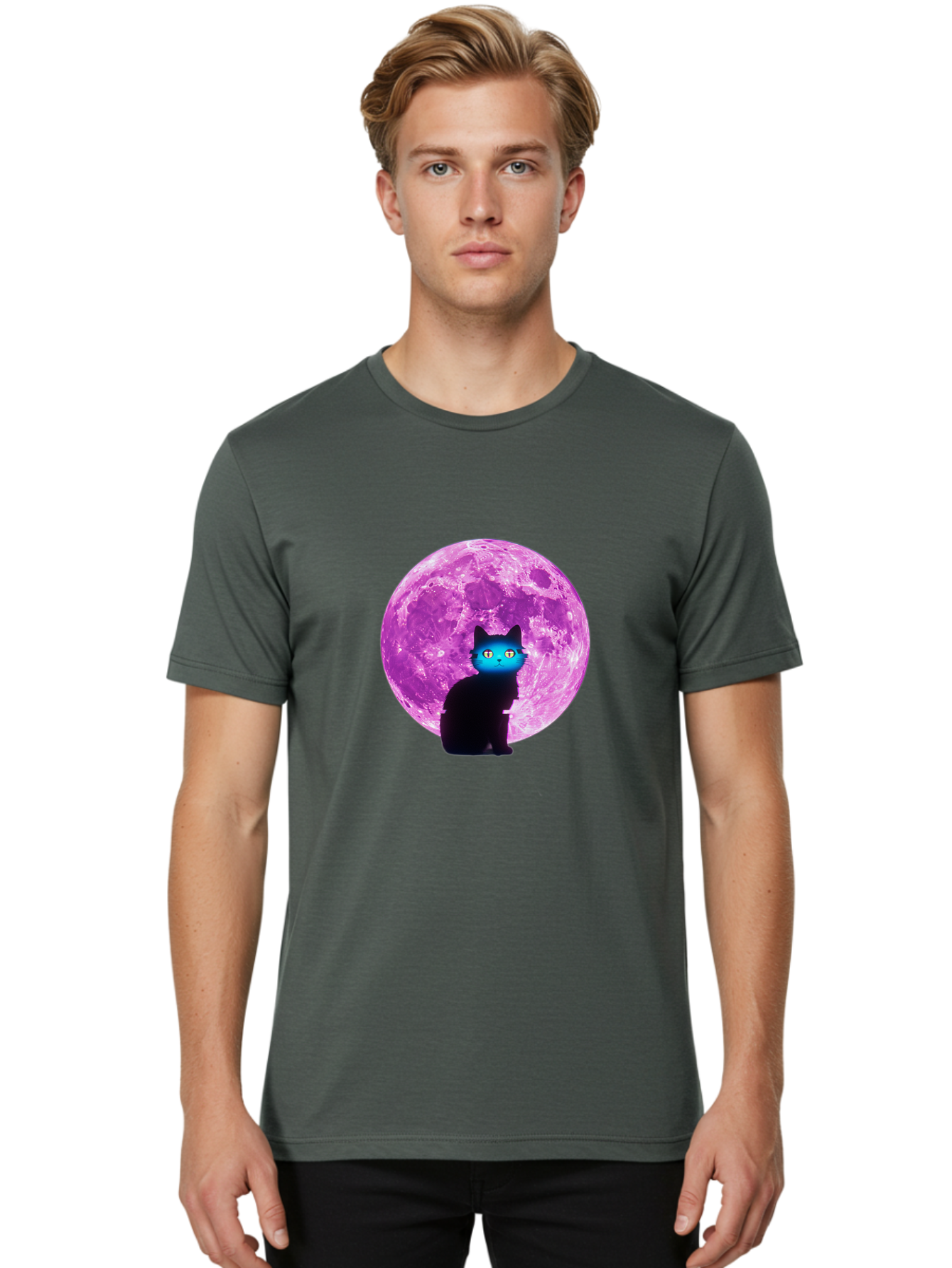 Black-Cat-Purple-Moon Men'S Graphic Tee, 100% Cotton, Comfortable Casual Summer Wear, Machine Washable, Vintage Camera, Old Camera, Antique Camera, Black Camera, Classic Photography, Photography Equipment, Nostalgic Device, Film Camera, Bai594