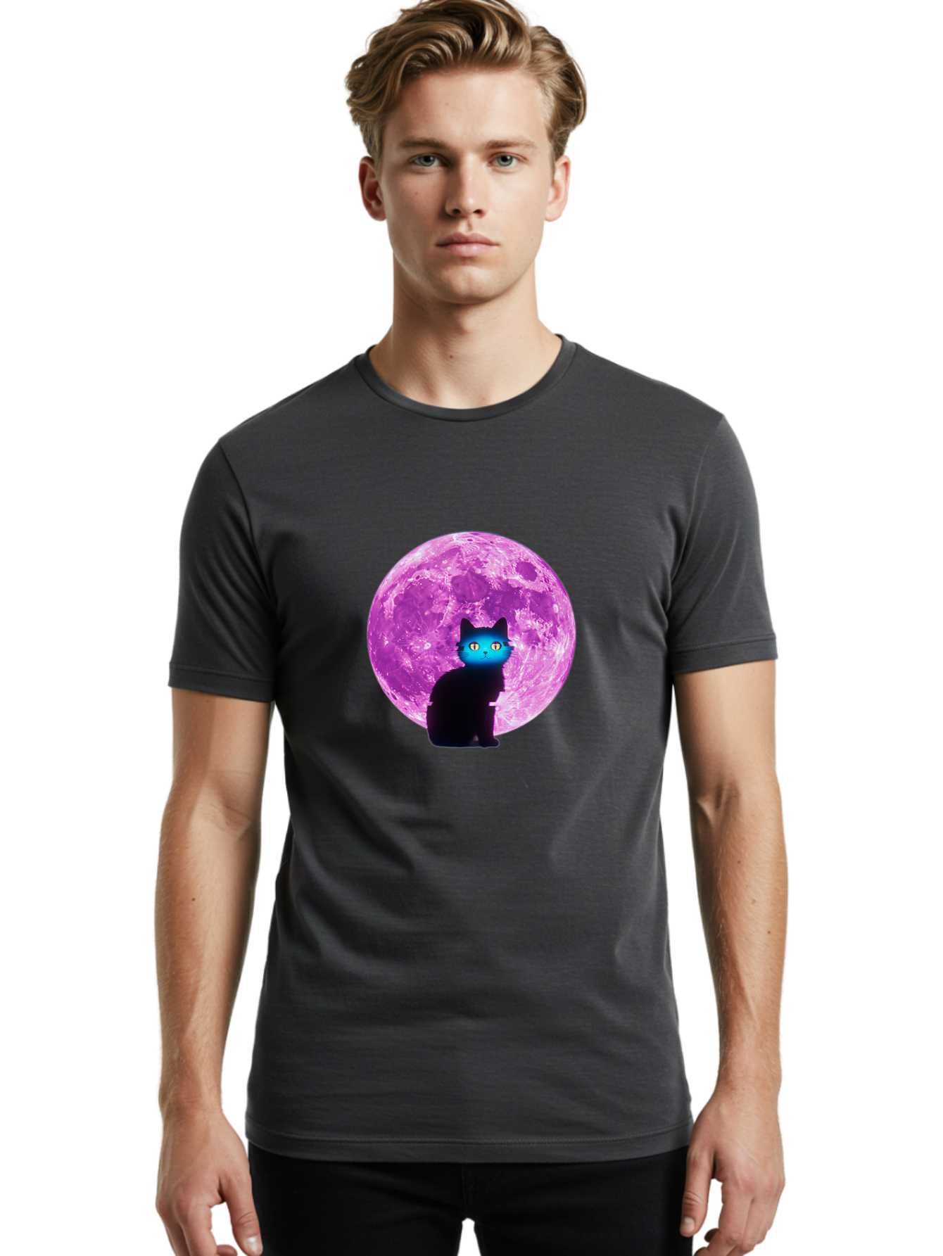 Black-Cat-Purple-Moon Men'S Graphic Tee, 100% Cotton, Comfortable Casual Summer Wear, Machine Washable, Vintage Camera, Old Camera, Antique Camera, Black Camera, Classic Photography, Photography Equipment, Nostalgic Device, Film Camera, Bai594