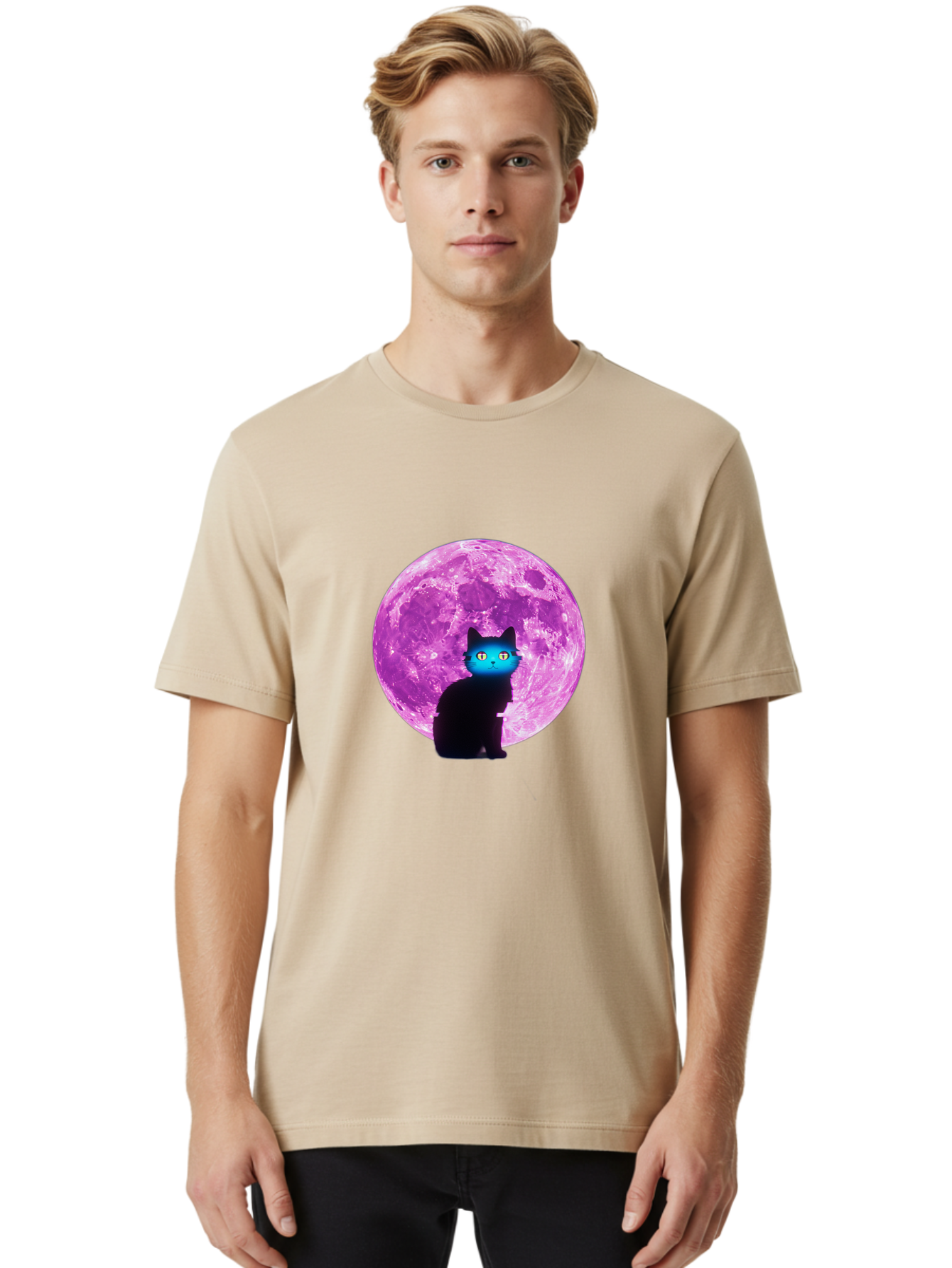 Black-Cat-Purple-Moon Men'S Graphic Tee, 100% Cotton, Comfortable Casual Summer Wear, Machine Washable, Vintage Camera, Old Camera, Antique Camera, Black Camera, Classic Photography, Photography Equipment, Nostalgic Device, Film Camera, Bai594