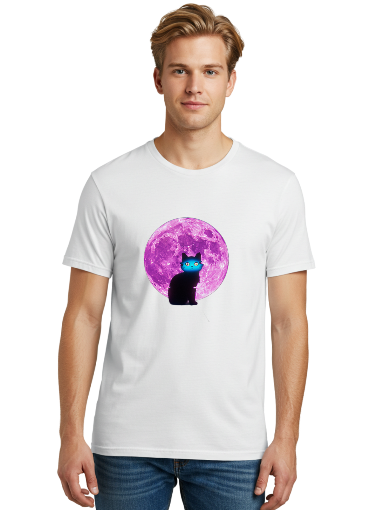 Black-Cat-Purple-Moon Men'S Graphic Tee, 100% Cotton, Comfortable Casual Summer Wear, Machine Washable, Vintage Camera, Old Camera, Antique Camera, Black Camera, Classic Photography, Photography Equipment, Nostalgic Device, Film Camera, Bai594