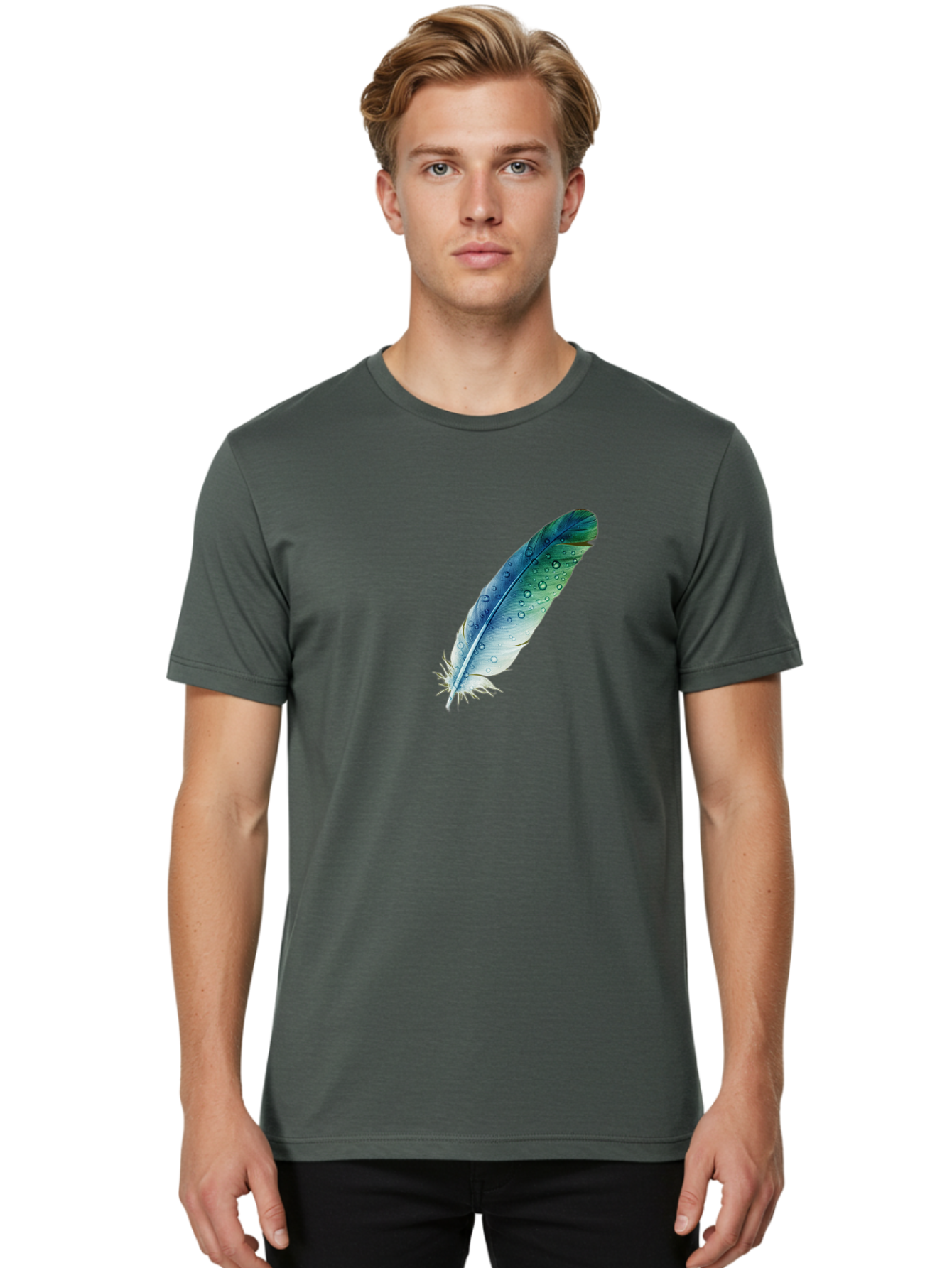 Blue-Feather-With-Water-Droplets Men'S Graphic Tee, 100% Cotton, Comfortable Casual Summer Wear, Machine Washable, Vintage Camera, Old Camera, Antique Camera, Black Camera, Classic Photography, Photography Equipment, Nostalgic Device, Bai598