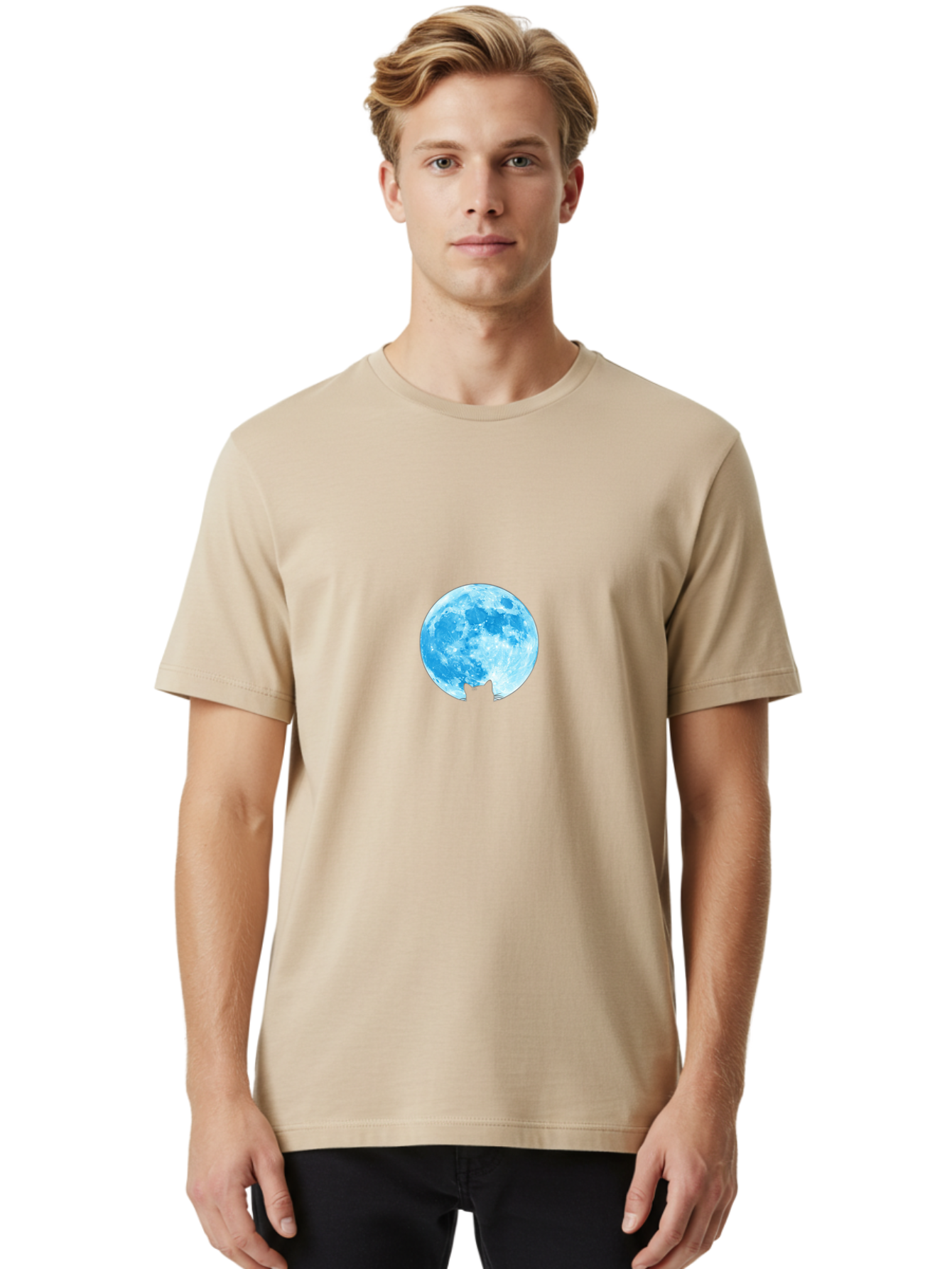 Blue-Moon-With-Cat-Silhouette Men'S Graphic Tee, 100% Cotton, Comfortable Casual Summer Wear, Machine Washable, Vintage Camera, Old Camera, Antique Camera, Black Camera, Classic Photography, Photography Equipment, Nostalgic Device, Bai599