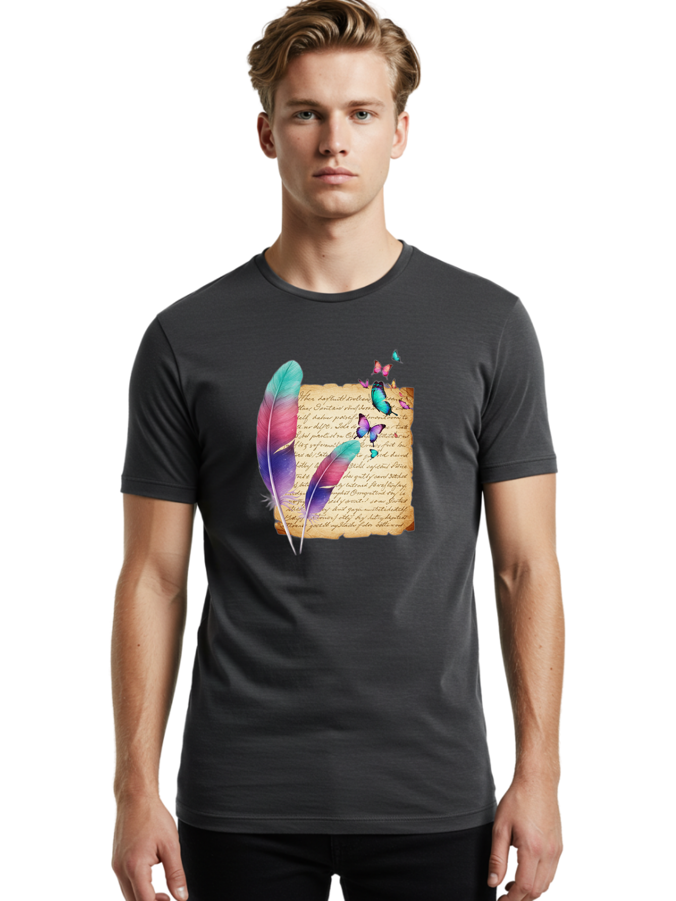 Butterflies-Quill Men'S Graphic Tee, 100% Cotton, Comfortable Casual Summer Wear, Machine Washable, Vintage Camera, Old Camera, Antique Camera, Black Camera, Classic Photography, Photography Equipment, Nostalgic Device, Film Camera, Camera Art Bai607