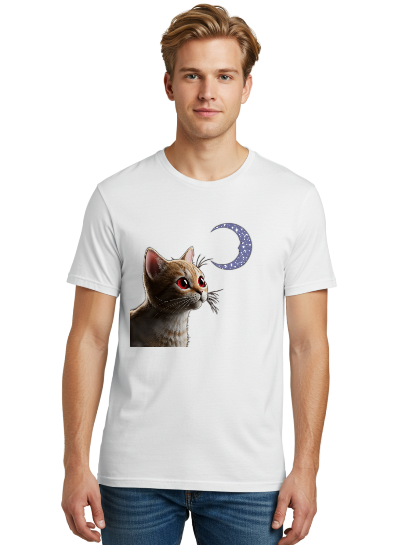 Cat-And-Crescent-Moon-2 Men'S Graphic Tee, 100% Cotton, Comfortable Casual Summer Wear, Machine Washable, Vintage Camera, Old Camera, Antique Camera, Black Camera, Classic Photography, Photography Equipment, Nostalgic Device, Film Camera, Bai620