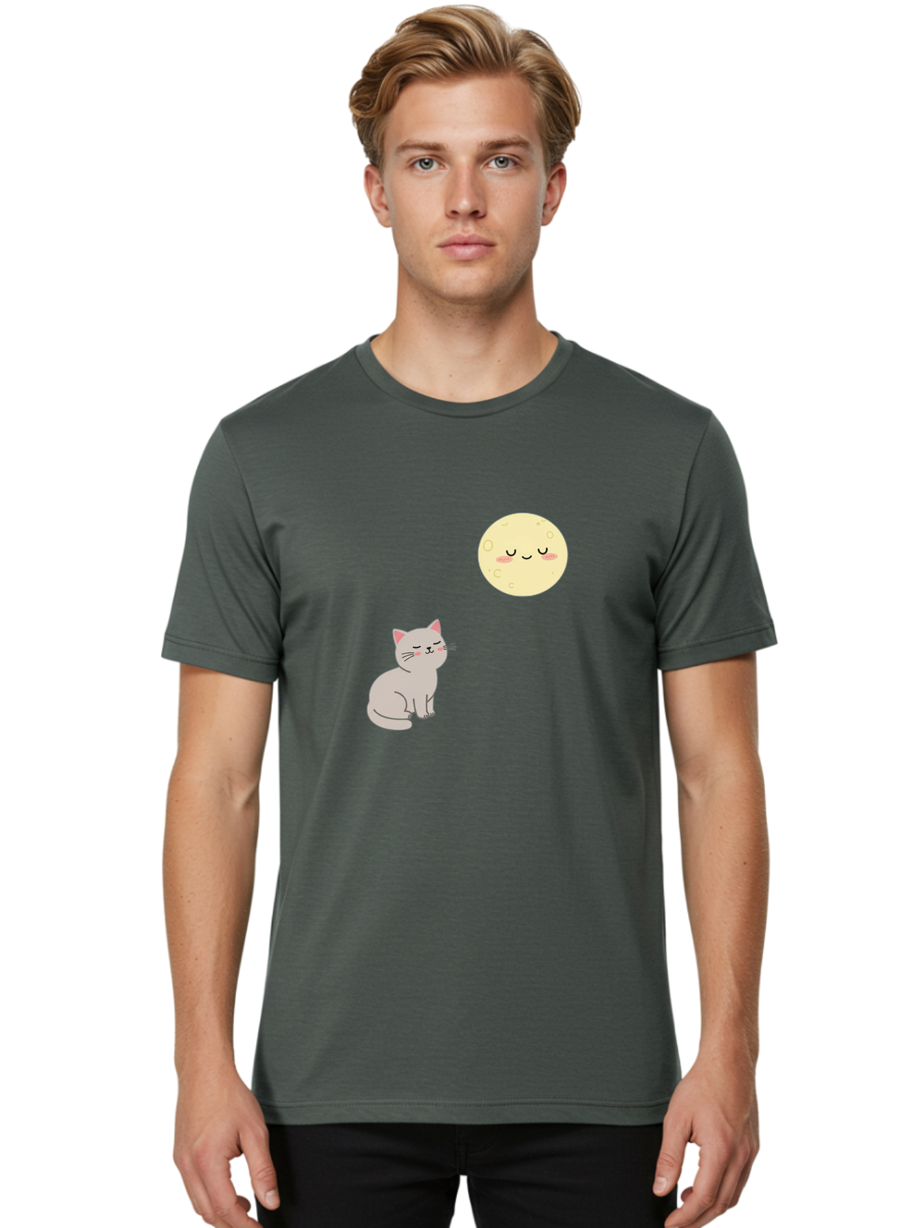 Cat-And-Moon-1 Men'S Graphic Tee, 100% Cotton, Comfortable Casual Summer Wear, Machine Washable, Vintage Camera, Old Camera, Antique Camera, Black Camera, Classic Photography, Photography Equipment, Nostalgic Device, Film Camera, Camera Art Bai623