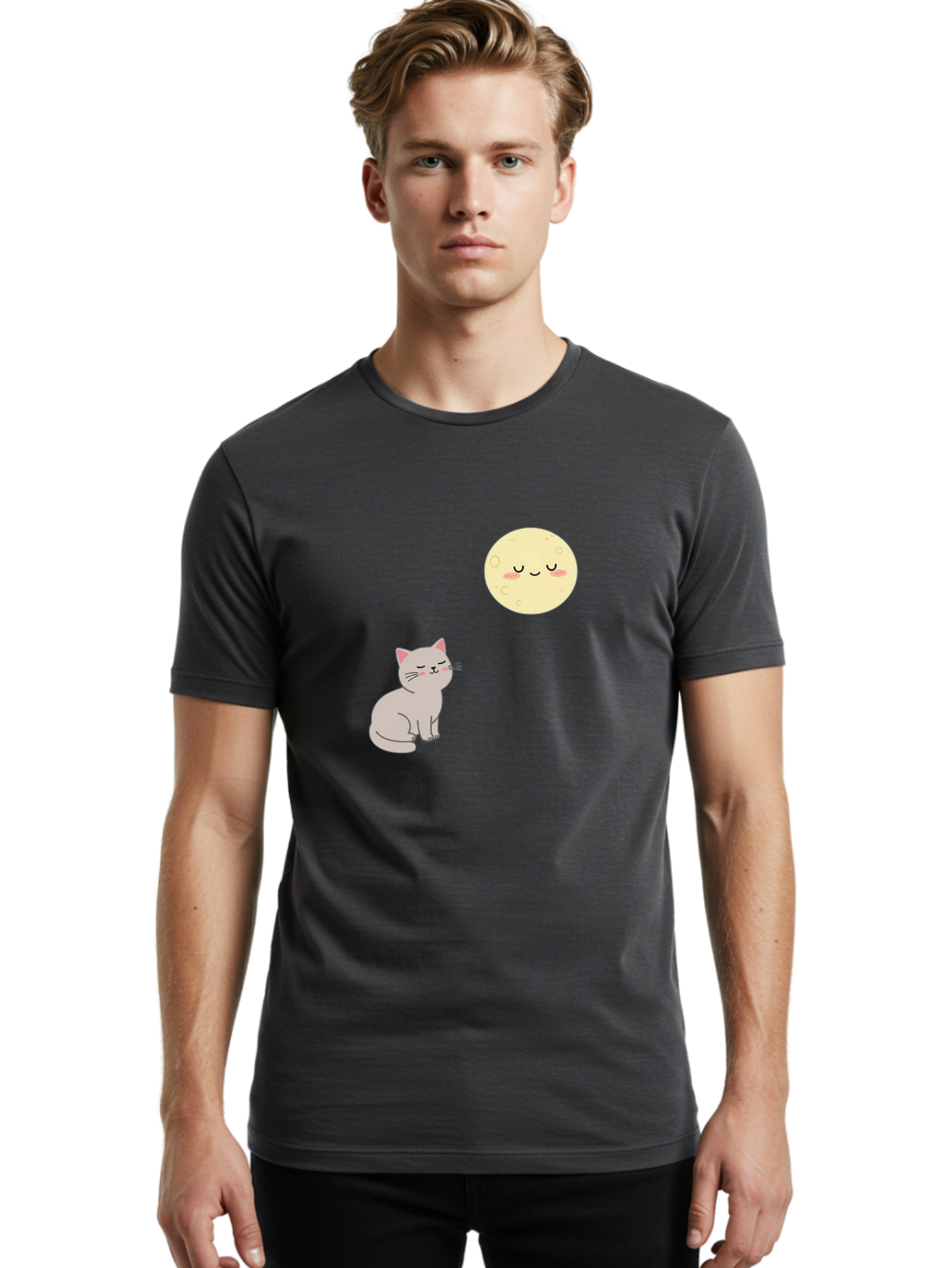 Cat-And-Moon-1 Men'S Graphic Tee, 100% Cotton, Comfortable Casual Summer Wear, Machine Washable, Vintage Camera, Old Camera, Antique Camera, Black Camera, Classic Photography, Photography Equipment, Nostalgic Device, Film Camera, Camera Art Bai623