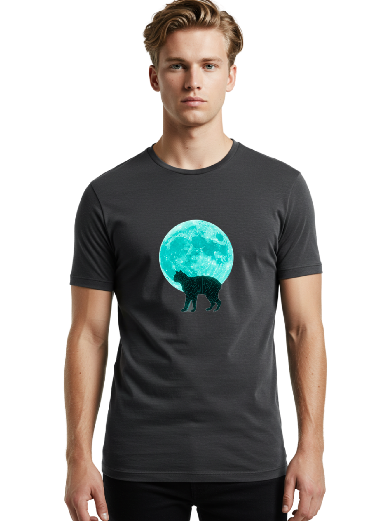 Cat-And-Moon-2 Men'S Graphic Tee, 100% Cotton, Comfortable Casual Summer Wear, Machine Washable, Vintage Camera, Old Camera, Antique Camera, Black Camera, Classic Photography, Photography Equipment, Nostalgic Device, Film Camera, Camera Art Bai624