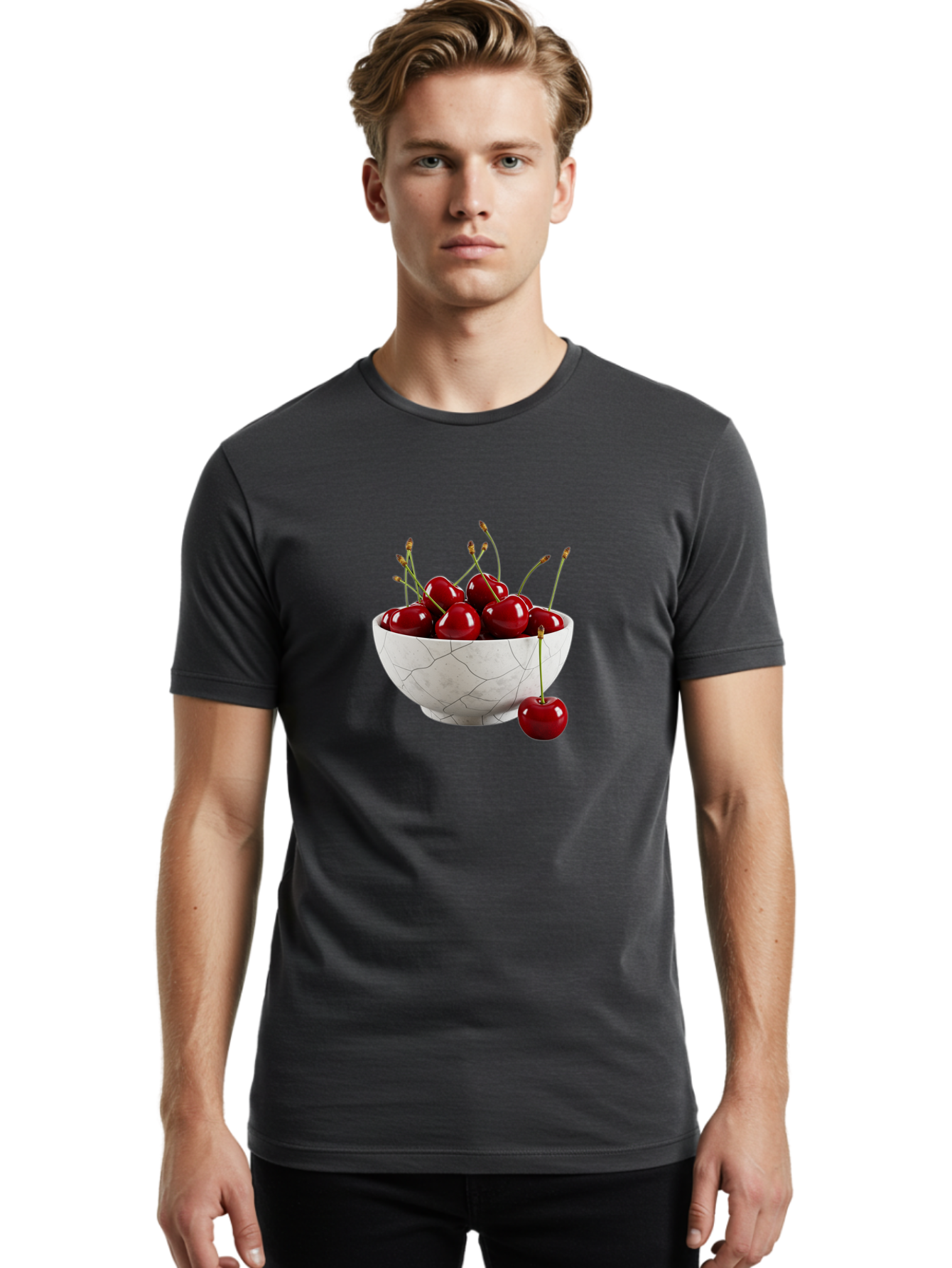 Cherries-In-Cracked-White-Bowl Men'S Graphic Tee, 100% Cotton, Comfortable Casual Summer Wear, Machine Washable, Vintage Camera, Old Camera, Antique Camera, Black Camera, Classic Photography, Photography Equipment, Nostalgic Device, Bai704
