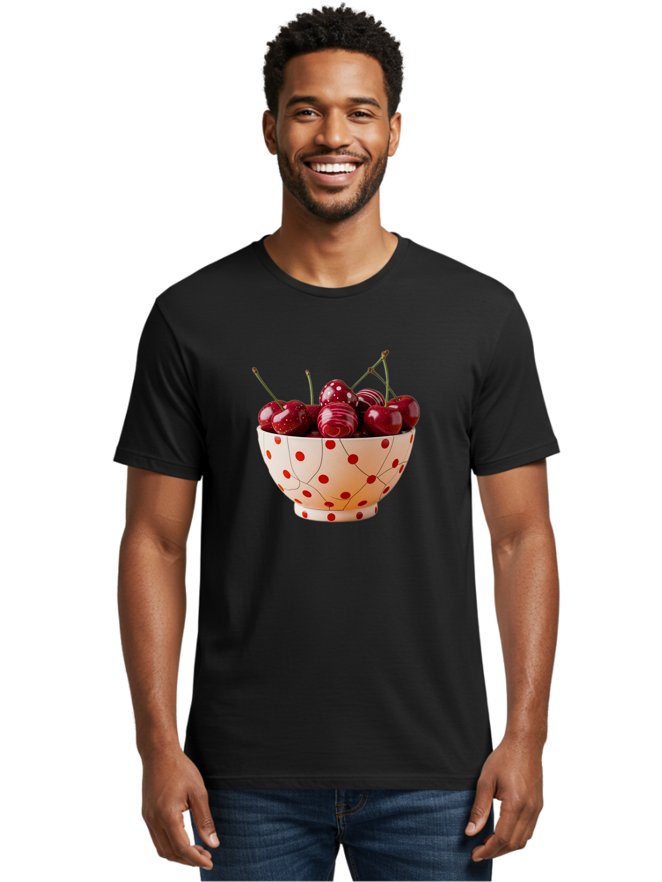 Cherries-In-White-Bowl-With-Red-Polka-Dots Men'S Graphic Tee, 100% Cotton, Comfortable Casual Summer Wear, Machine Washable, Vintage Camera, Old Camera, Antique Camera, Black Camera, Classic Photography, Photography Equipment, Bai711