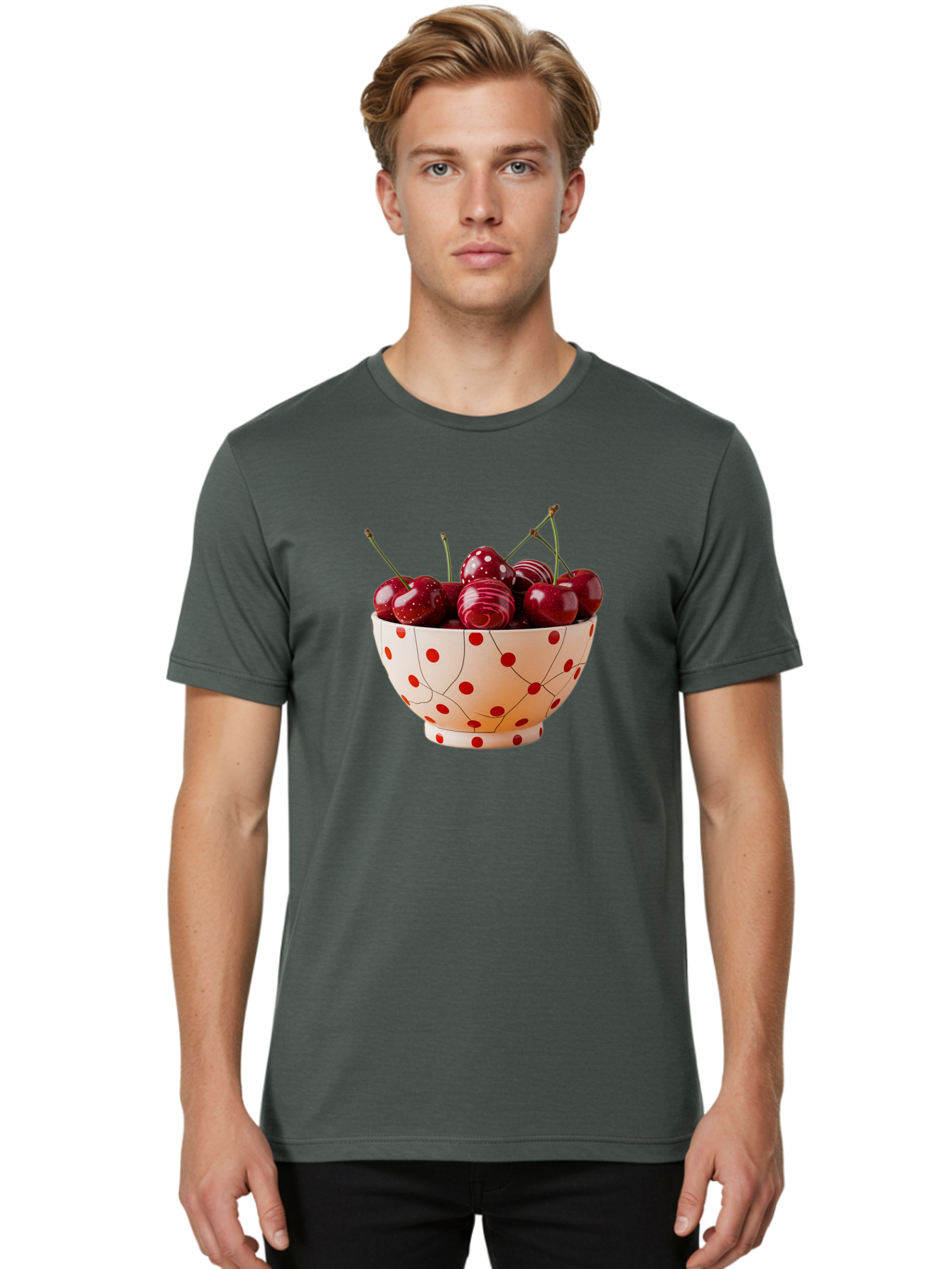 Cherries-In-White-Bowl-With-Red-Polka-Dots Men'S Graphic Tee, 100% Cotton, Comfortable Casual Summer Wear, Machine Washable, Vintage Camera, Old Camera, Antique Camera, Black Camera, Classic Photography, Photography Equipment, Bai711
