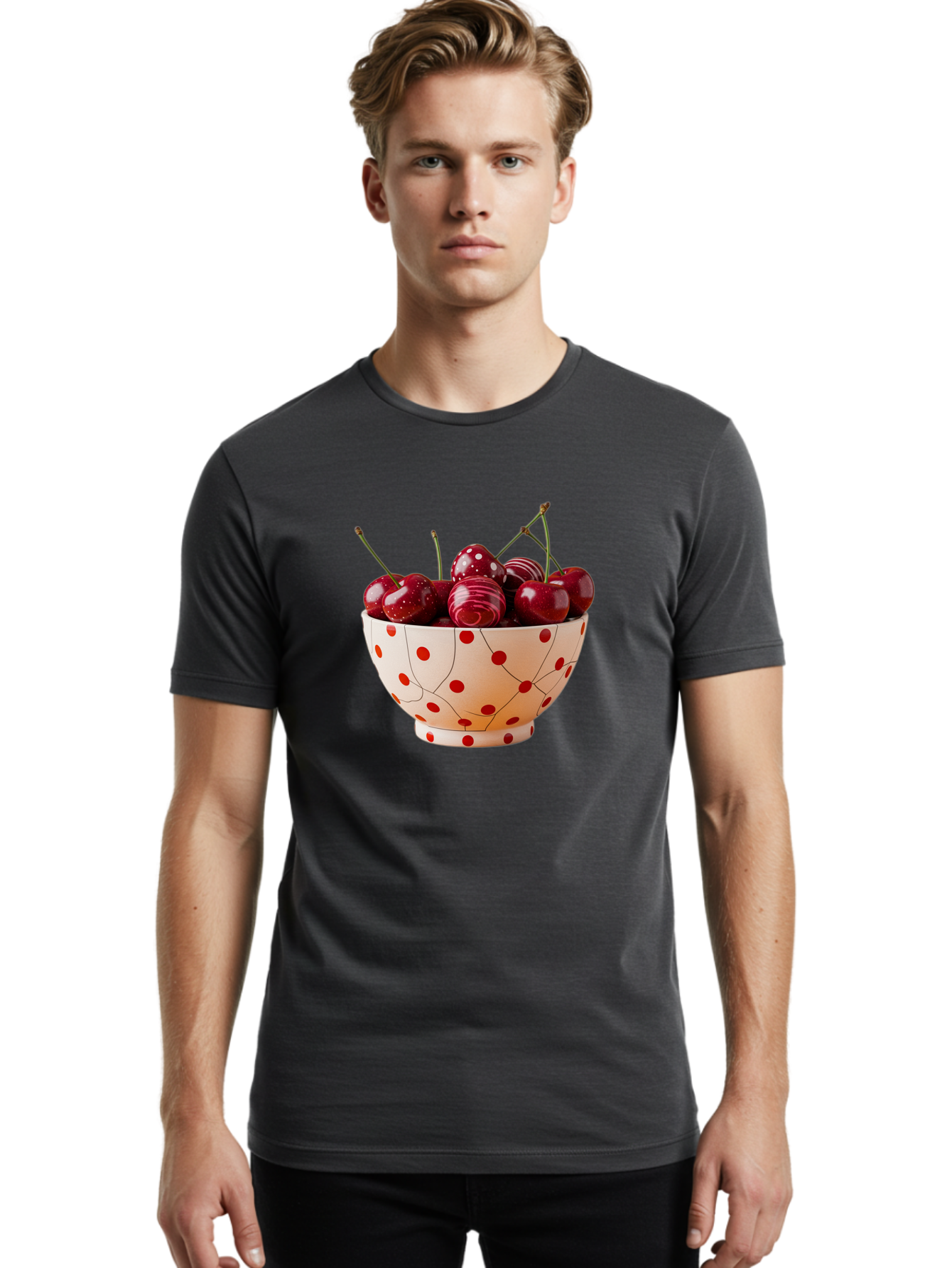 Cherries-In-White-Bowl-With-Red-Polka-Dots Men'S Graphic Tee, 100% Cotton, Comfortable Casual Summer Wear, Machine Washable, Vintage Camera, Old Camera, Antique Camera, Black Camera, Classic Photography, Photography Equipment, Bai711