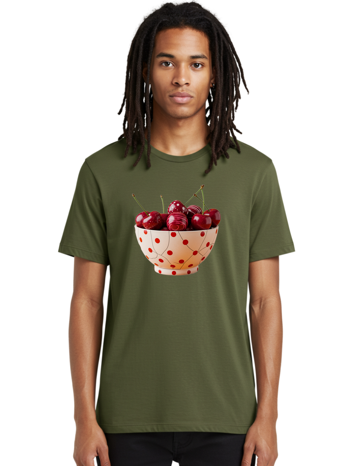 Cherries-In-White-Bowl-With-Red-Polka-Dots Men'S Graphic Tee, 100% Cotton, Comfortable Casual Summer Wear, Machine Washable, Vintage Camera, Old Camera, Antique Camera, Black Camera, Classic Photography, Photography Equipment, Bai711