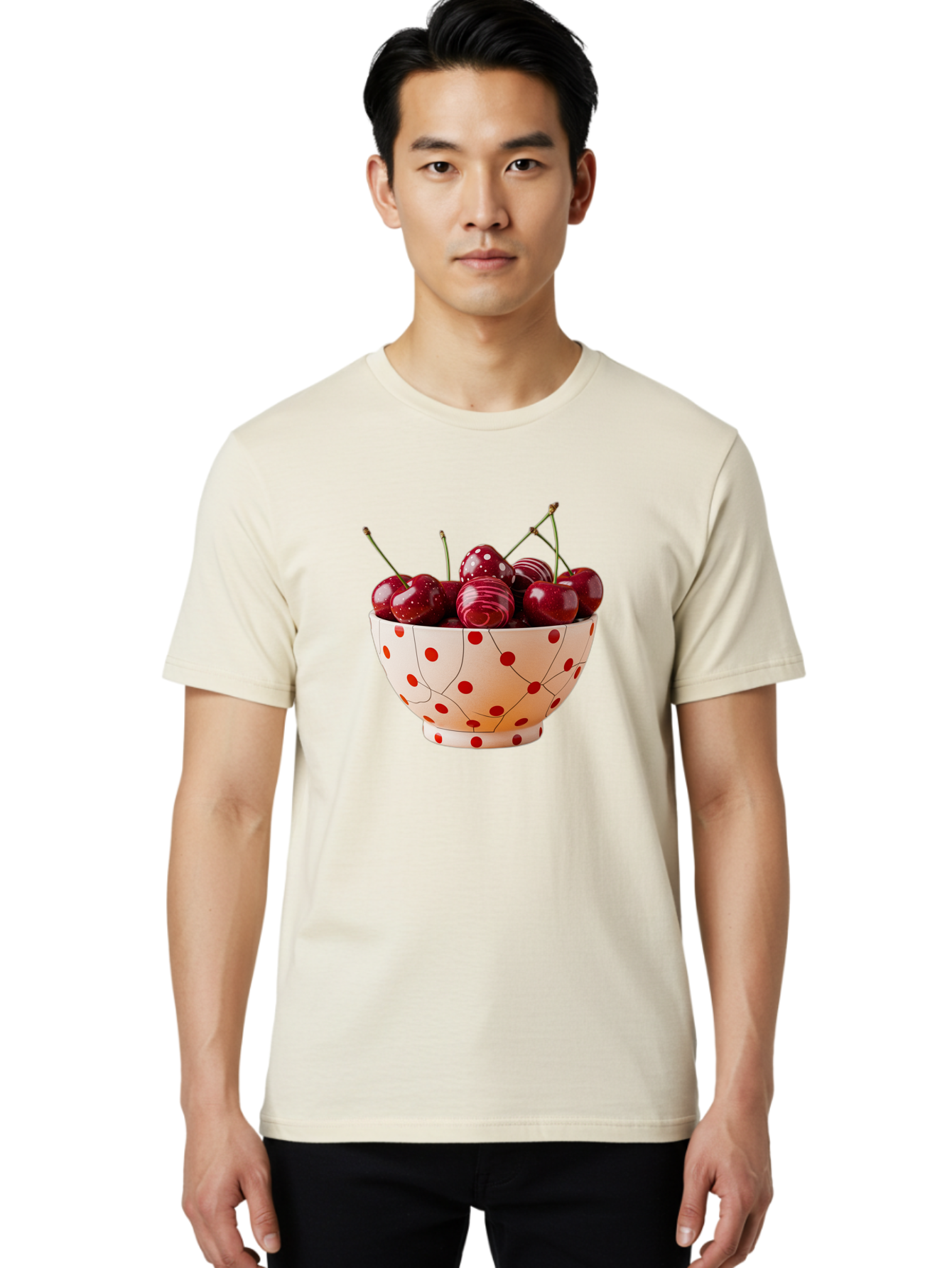 Cherries-In-White-Bowl-With-Red-Polka-Dots Men'S Graphic Tee, 100% Cotton, Comfortable Casual Summer Wear, Machine Washable, Vintage Camera, Old Camera, Antique Camera, Black Camera, Classic Photography, Photography Equipment, Bai711