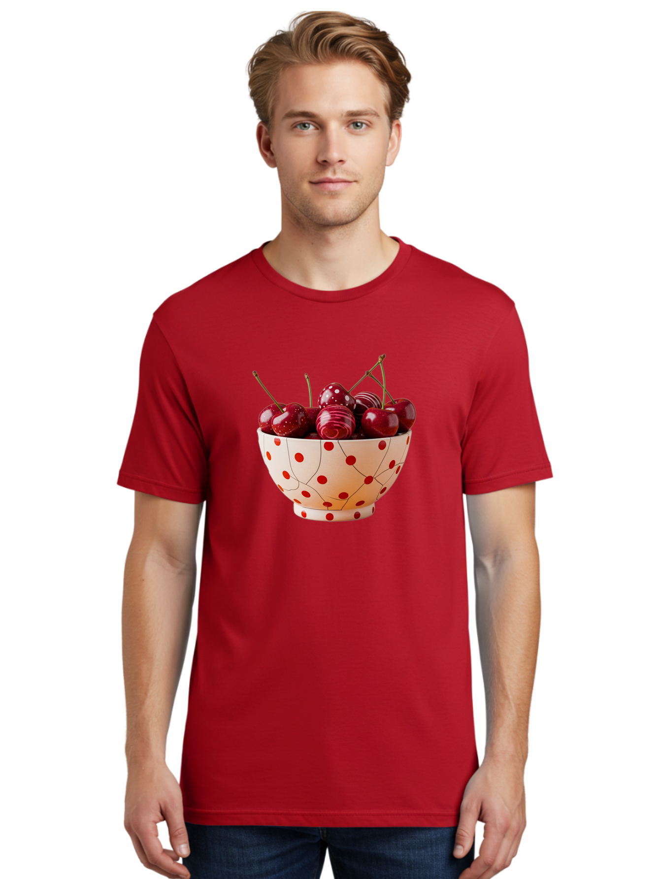 Cherries-In-White-Bowl-With-Red-Polka-Dots Men'S Graphic Tee, 100% Cotton, Comfortable Casual Summer Wear, Machine Washable, Vintage Camera, Old Camera, Antique Camera, Black Camera, Classic Photography, Photography Equipment, Bai711