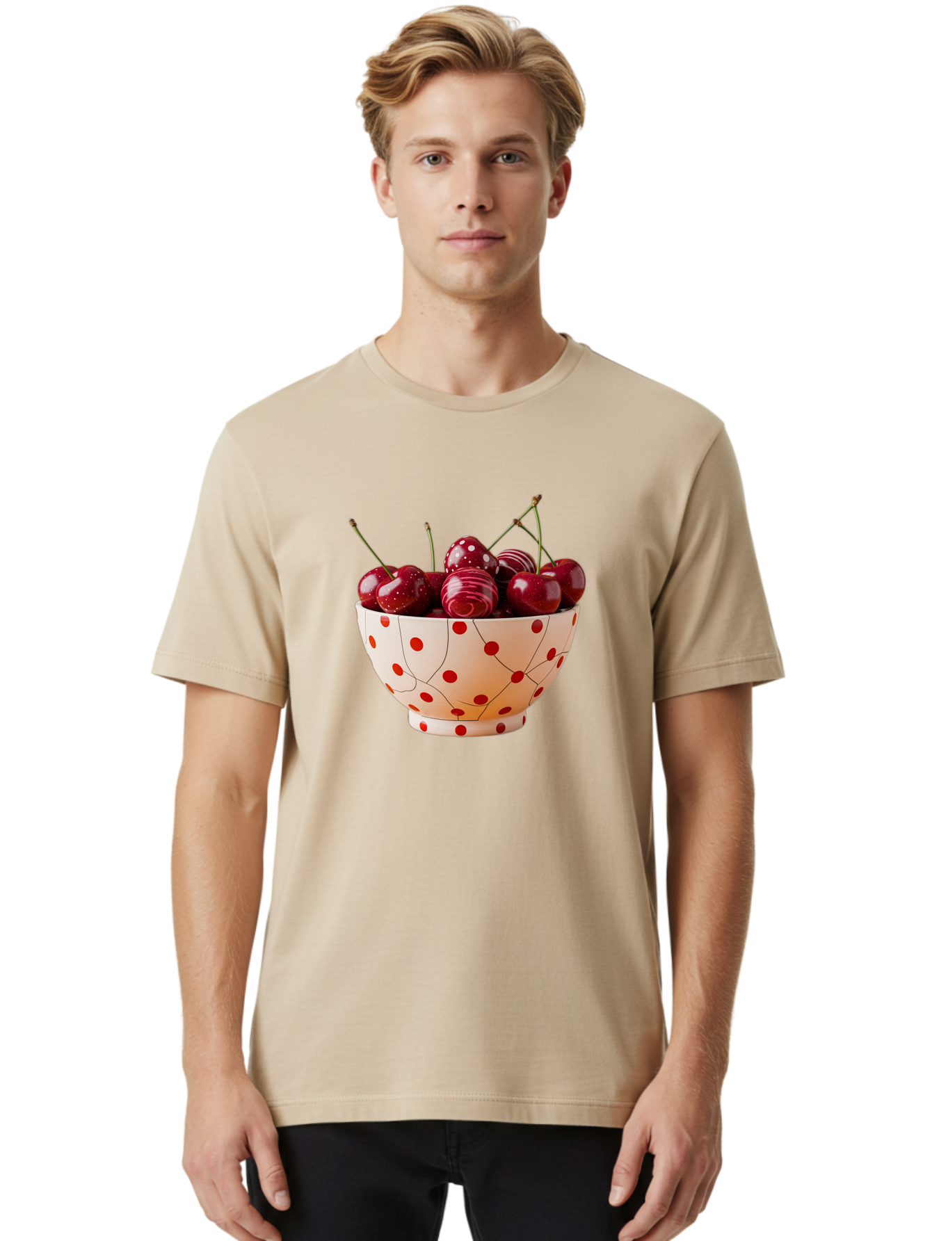Cherries-In-White-Bowl-With-Red-Polka-Dots Men'S Graphic Tee, 100% Cotton, Comfortable Casual Summer Wear, Machine Washable, Vintage Camera, Old Camera, Antique Camera, Black Camera, Classic Photography, Photography Equipment, Bai711