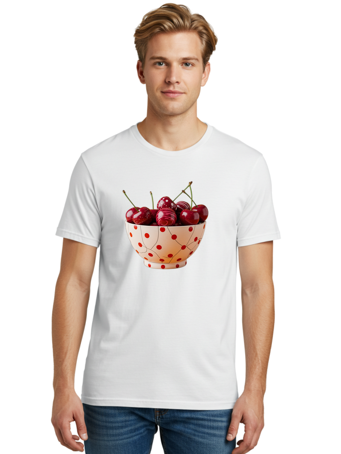Cherries-In-White-Bowl-With-Red-Polka-Dots Men'S Graphic Tee, 100% Cotton, Comfortable Casual Summer Wear, Machine Washable, Vintage Camera, Old Camera, Antique Camera, Black Camera, Classic Photography, Photography Equipment, Bai711