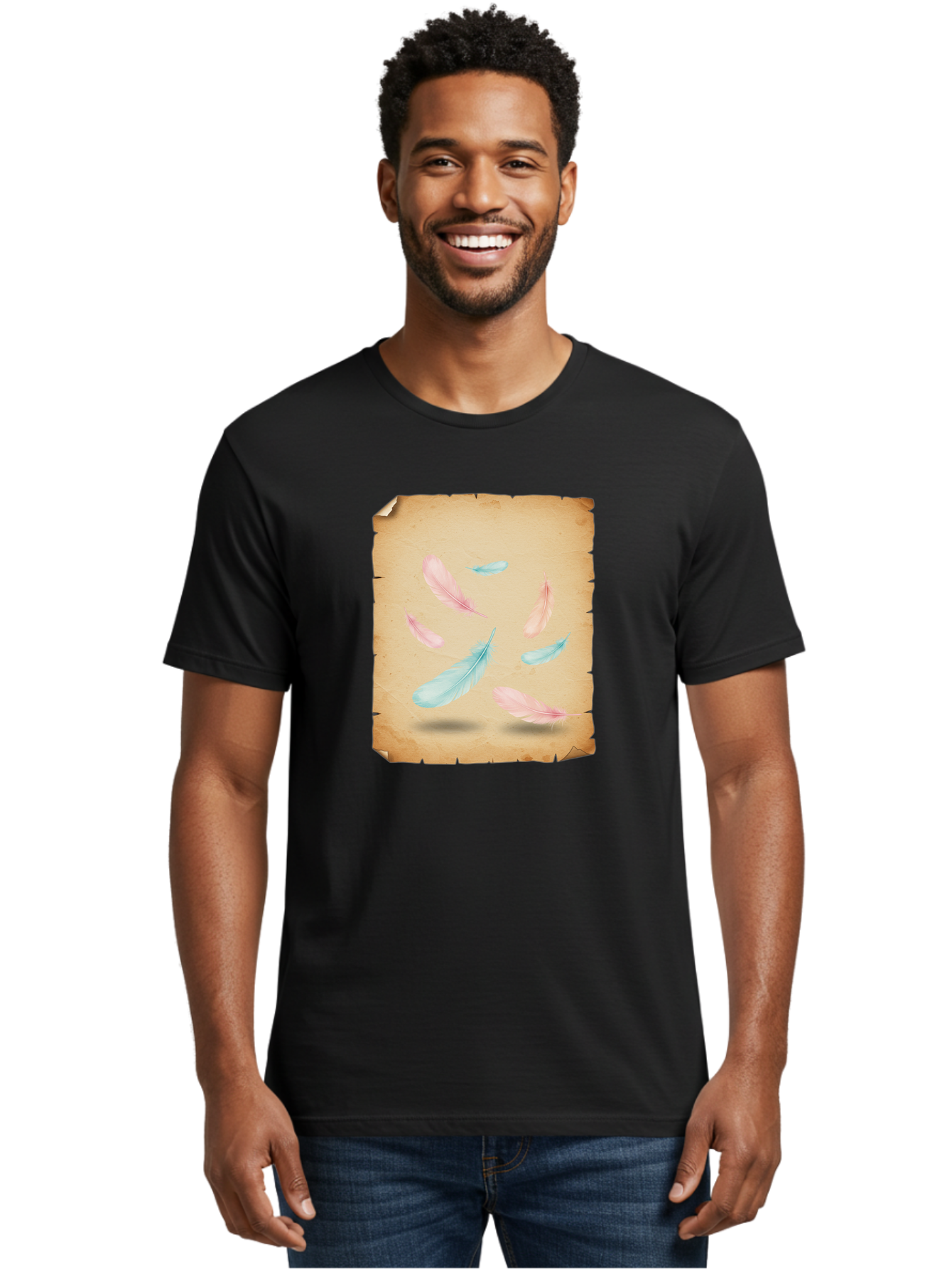Feathers-On-Aged-Paper Men'S Graphic Tee, 100% Cotton, Comfortable Casual Summer Wear, Machine Washable, Vintage Camera, Old Camera, Antique Camera, Black Camera, Classic Photography, Photography Equipment, Nostalgic Device, Film Camera, Bai828