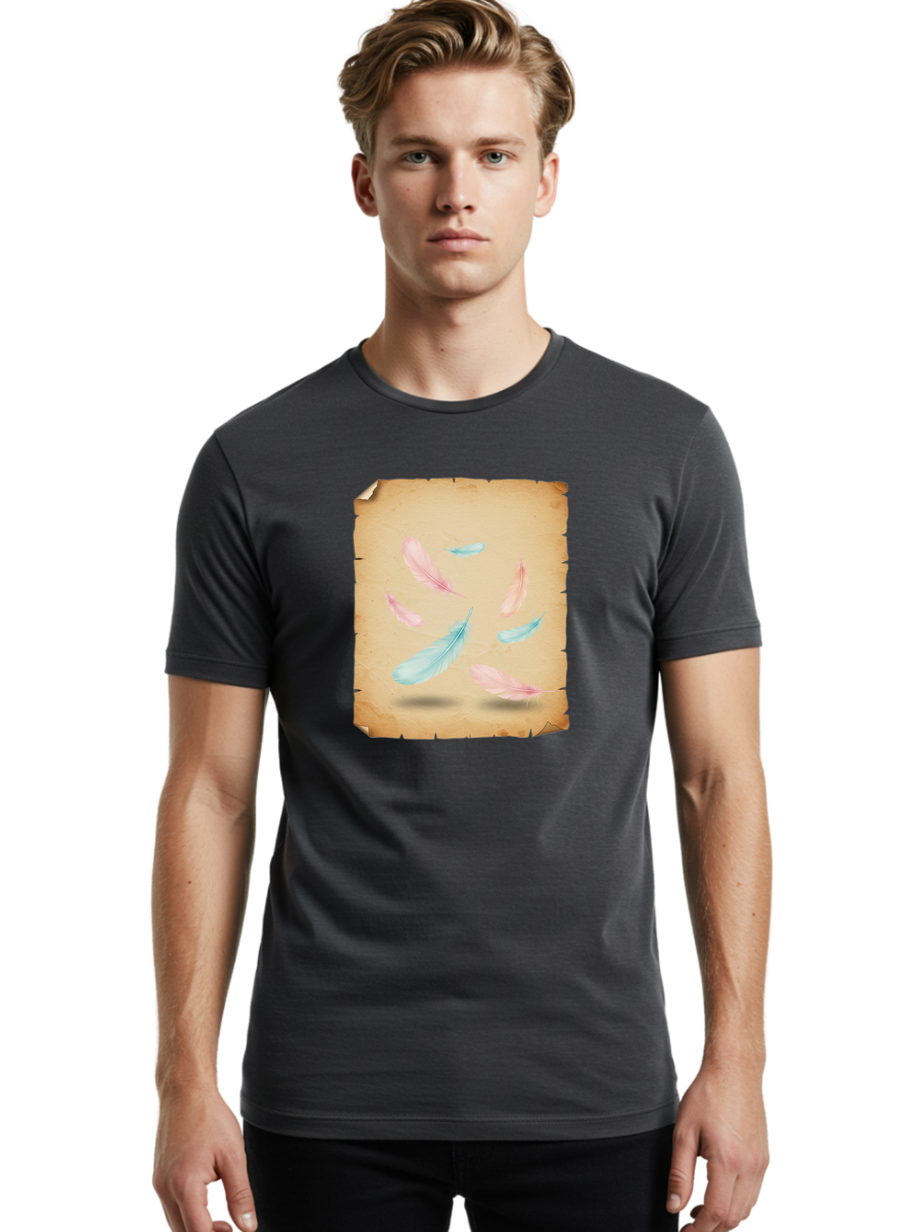 Feathers-On-Aged-Paper Men'S Graphic Tee, 100% Cotton, Comfortable Casual Summer Wear, Machine Washable, Vintage Camera, Old Camera, Antique Camera, Black Camera, Classic Photography, Photography Equipment, Nostalgic Device, Film Camera, Bai828