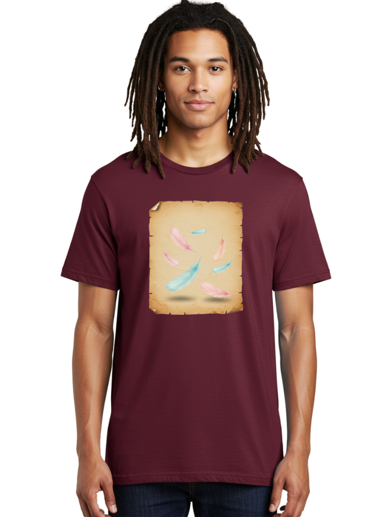 Feathers-On-Aged-Paper Men'S Graphic Tee, 100% Cotton, Comfortable Casual Summer Wear, Machine Washable, Vintage Camera, Old Camera, Antique Camera, Black Camera, Classic Photography, Photography Equipment, Nostalgic Device, Film Camera, Bai828