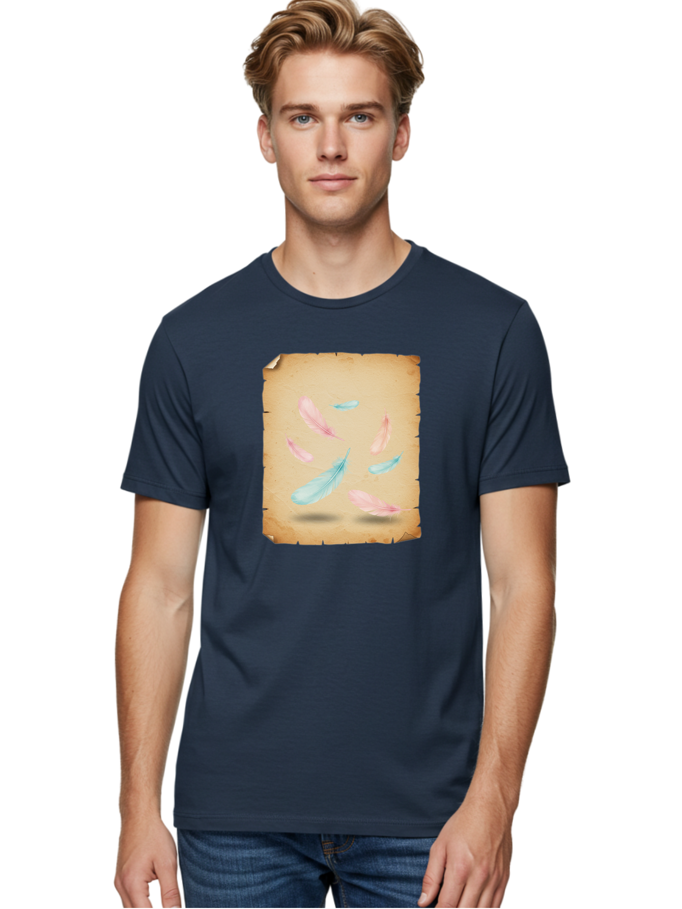 Feathers-On-Aged-Paper Men'S Graphic Tee, 100% Cotton, Comfortable Casual Summer Wear, Machine Washable, Vintage Camera, Old Camera, Antique Camera, Black Camera, Classic Photography, Photography Equipment, Nostalgic Device, Film Camera, Bai828