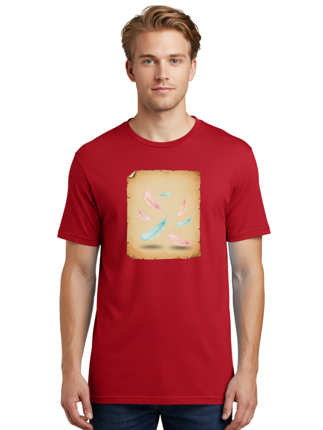 Feathers-On-Aged-Paper Men'S Graphic Tee, 100% Cotton, Comfortable Casual Summer Wear, Machine Washable, Vintage Camera, Old Camera, Antique Camera, Black Camera, Classic Photography, Photography Equipment, Nostalgic Device, Film Camera, Bai828