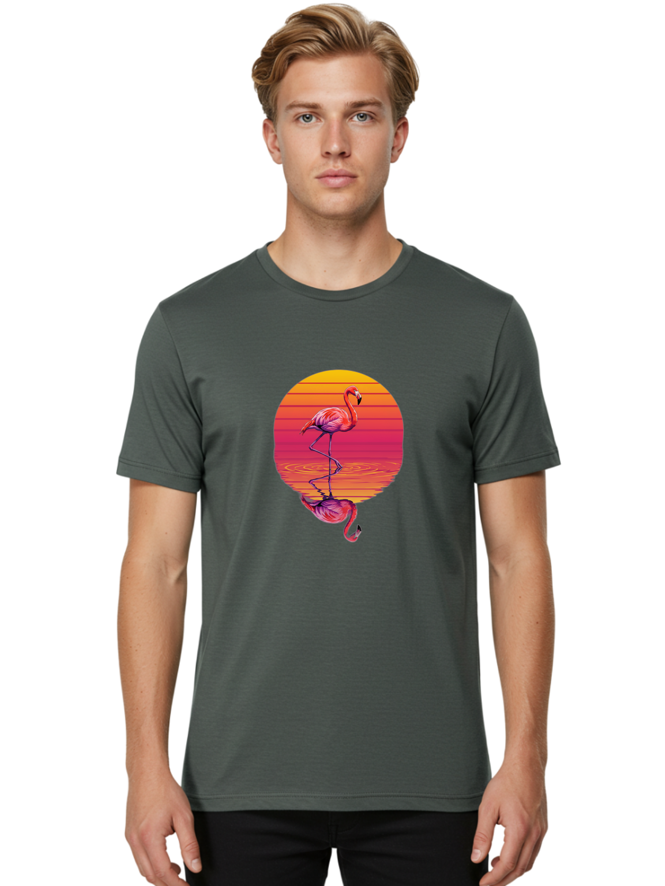 Flamingo-Sunset-1 Men'S Graphic Tee, 100% Cotton, Comfortable Casual Summer Wear, Machine Washable, Vintage Camera, Old Camera, Antique Camera, Black Camera, Classic Photography, Photography Equipment, Nostalgic Device, Film Camera, Camera Art Bai849