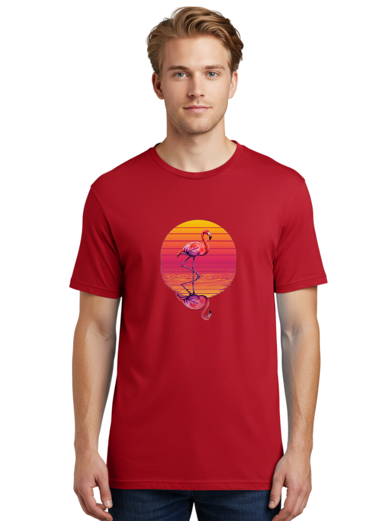 Flamingo-Sunset-1 Men'S Graphic Tee, 100% Cotton, Comfortable Casual Summer Wear, Machine Washable, Vintage Camera, Old Camera, Antique Camera, Black Camera, Classic Photography, Photography Equipment, Nostalgic Device, Film Camera, Camera Art Bai849