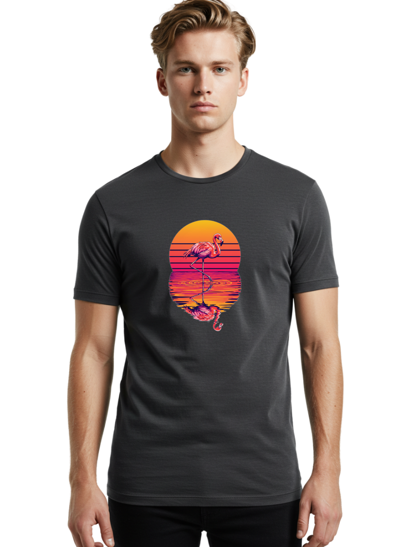 Flamingo-Sunset Men'S Graphic Tee, 100% Cotton, Comfortable Casual Summer Wear, Machine Washable, Vintage Camera, Old Camera, Antique Camera, Black Camera, Classic Photography, Photography Equipment, Nostalgic Device, Film Camera, Camera Art Bai850