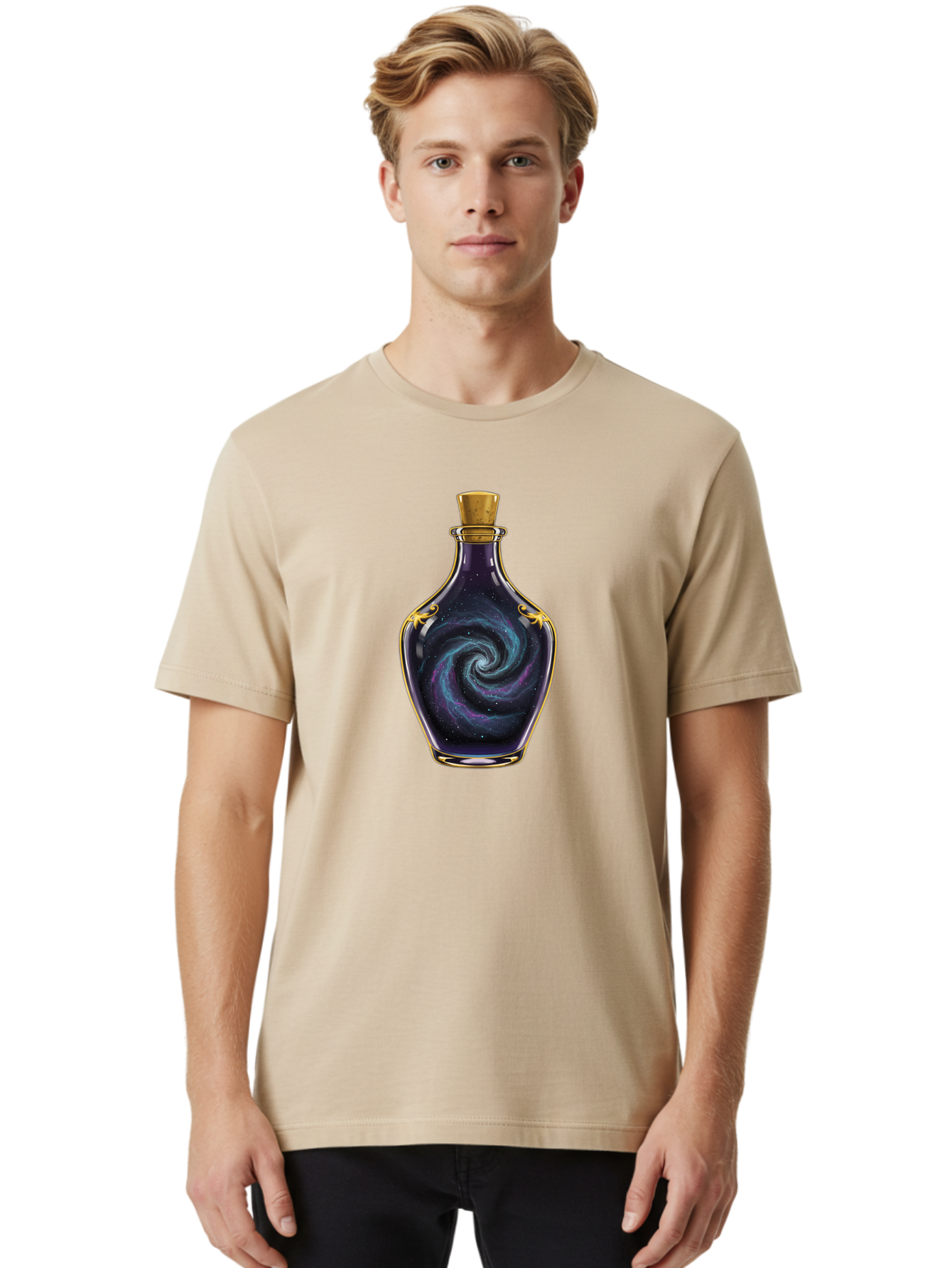 Galaxy-Bottle-1 Men'S Graphic Tee, 100% Cotton, Comfortable Casual Summer Wear, Machine Washable, Vintage Camera, Old Camera, Antique Camera, Black Camera, Classic Photography, Photography Equipment, Nostalgic Device, Film Camera, Camera Art Bai939