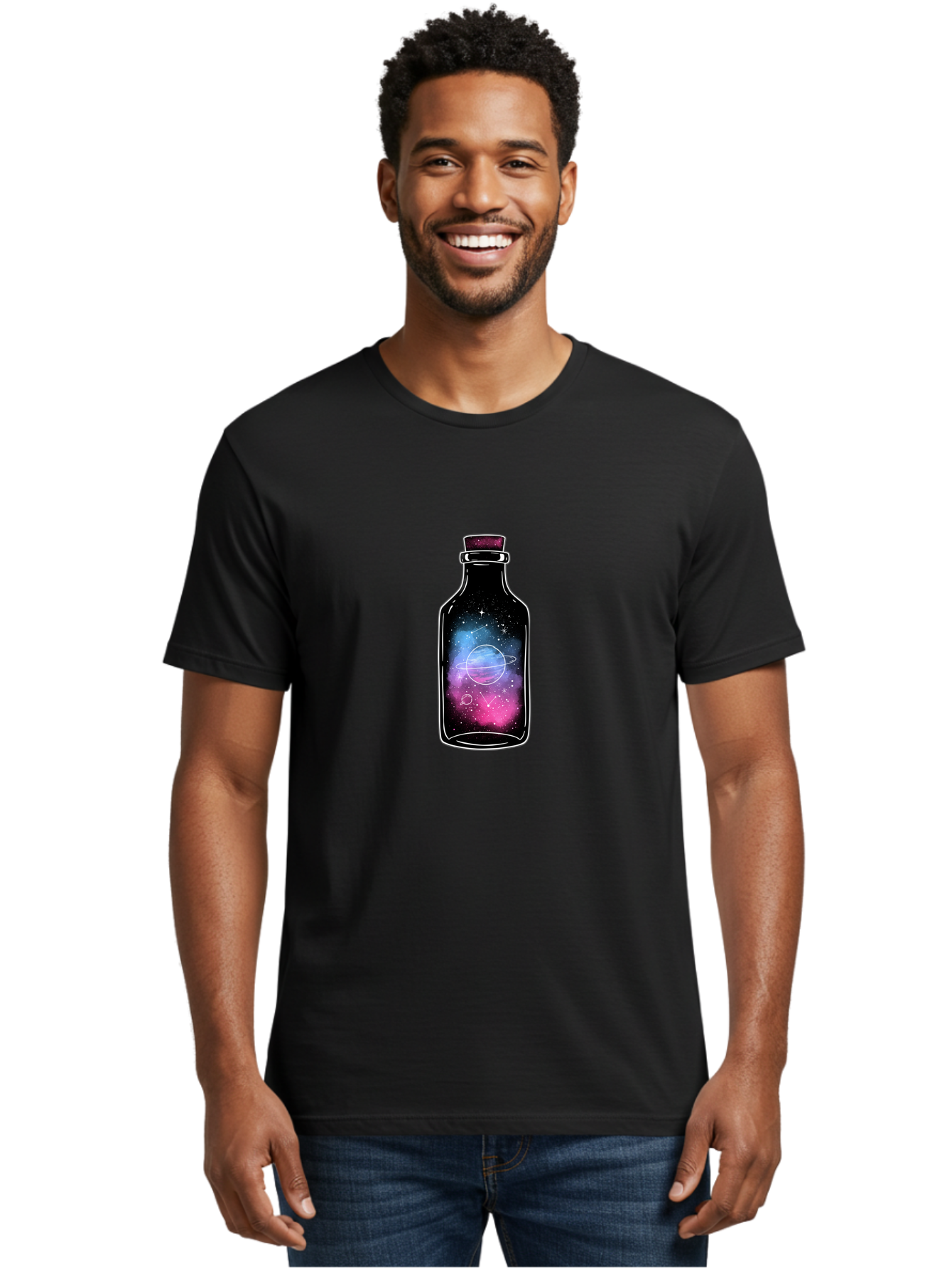 Galaxy-Bottle-4 Men'S Graphic Tee, 100% Cotton, Comfortable Casual Summer Wear, Machine Washable, Vintage Camera, Old Camera, Antique Camera, Black Camera, Classic Photography, Photography Equipment, Nostalgic Device, Film Camera, Camera Art Bai954