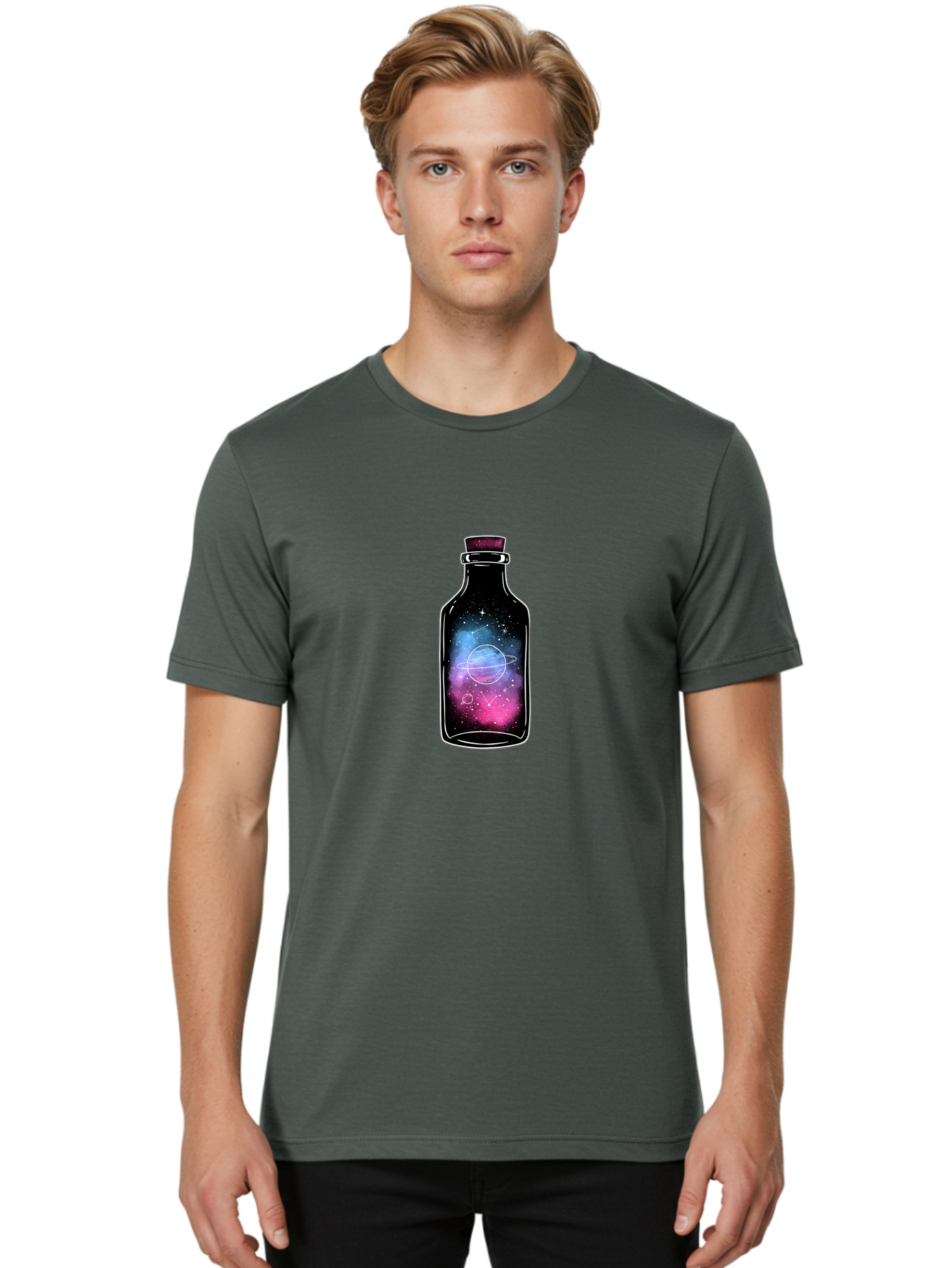 Galaxy-Bottle-4 Men'S Graphic Tee, 100% Cotton, Comfortable Casual Summer Wear, Machine Washable, Vintage Camera, Old Camera, Antique Camera, Black Camera, Classic Photography, Photography Equipment, Nostalgic Device, Film Camera, Camera Art Bai954