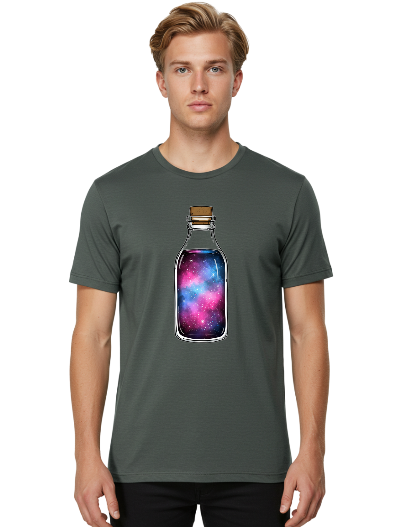 Galaxy-In-Bottle-2 Men'S Graphic Tee, 100% Cotton, Comfortable Casual Summer Wear, Machine Washable, Vintage Camera, Old Camera, Antique Camera, Black Camera, Classic Photography, Photography Equipment, Nostalgic Device, Film Camera, Baj031
