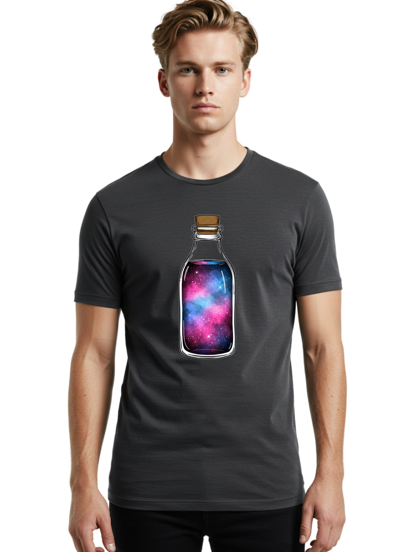 Galaxy-In-Bottle-2 Men'S Graphic Tee, 100% Cotton, Comfortable Casual Summer Wear, Machine Washable, Vintage Camera, Old Camera, Antique Camera, Black Camera, Classic Photography, Photography Equipment, Nostalgic Device, Film Camera, Baj031