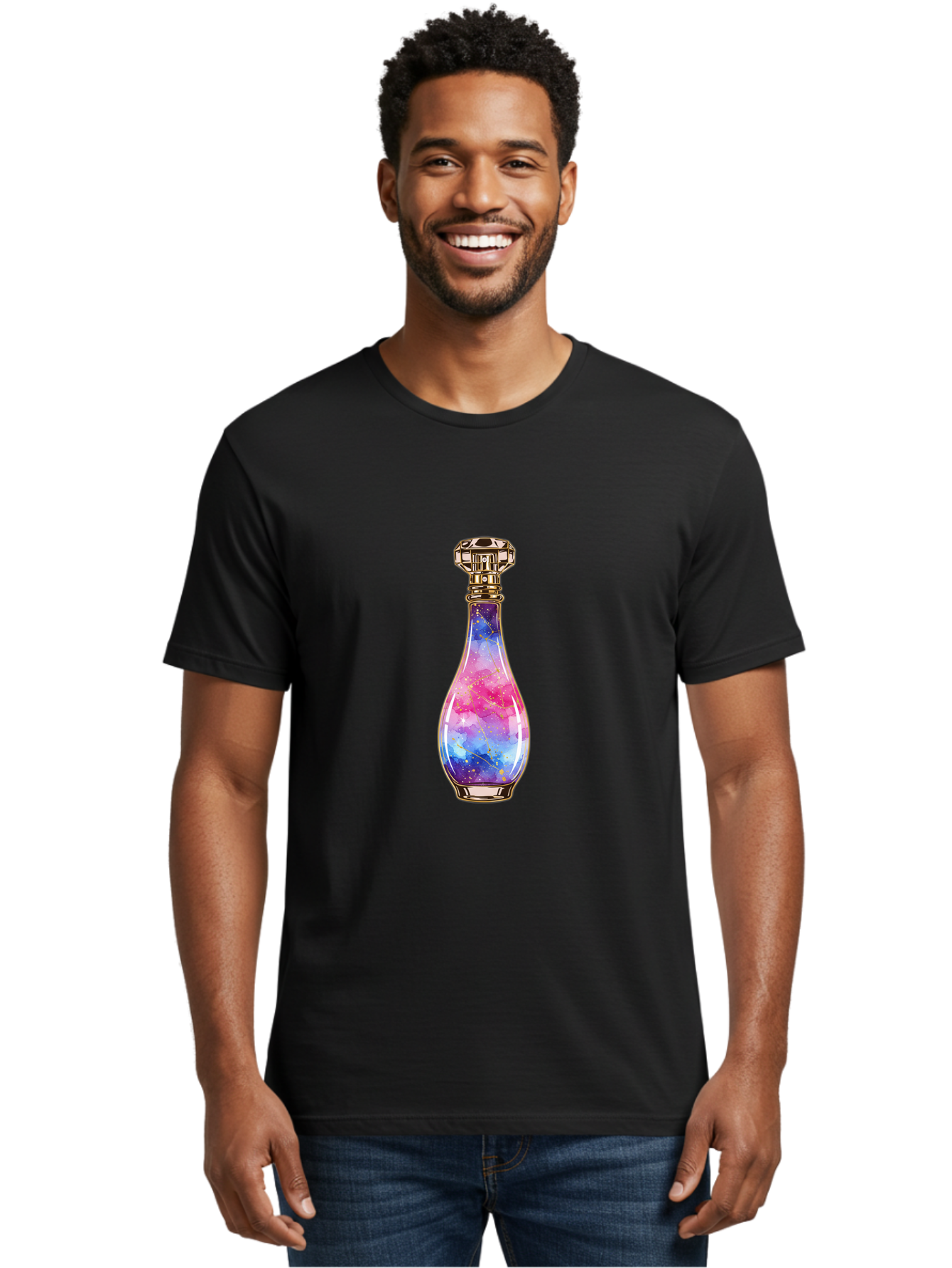 Galaxy-Perfume-Bottle-1 Men'S Graphic Tee, 100% Cotton, Comfortable Casual Summer Wear, Machine Washable, Vintage Camera, Old Camera, Antique Camera, Black Camera, Classic Photography, Photography Equipment, Nostalgic Device, Film Camera, Baj050