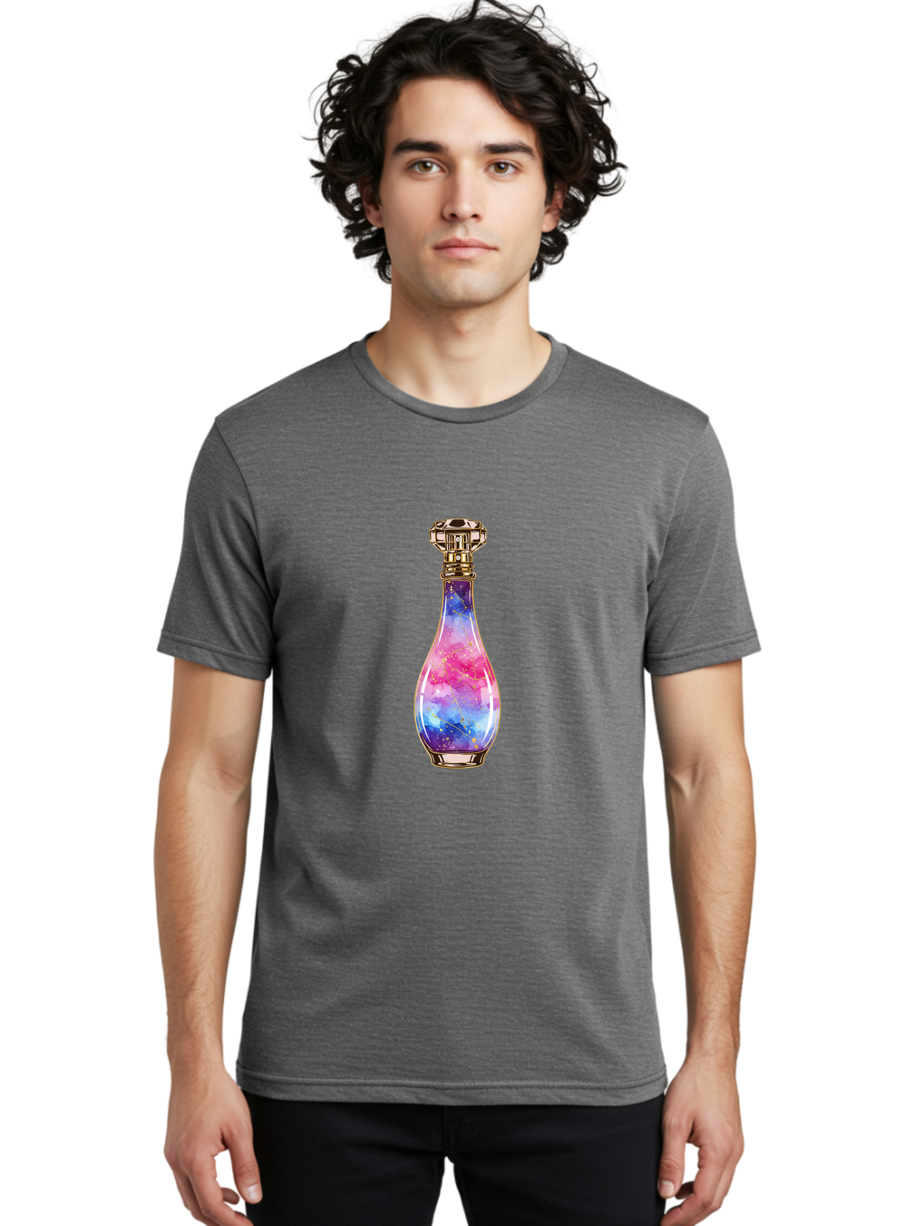 Galaxy-Perfume-Bottle-1 Men'S Graphic Tee, 100% Cotton, Comfortable Casual Summer Wear, Machine Washable, Vintage Camera, Old Camera, Antique Camera, Black Camera, Classic Photography, Photography Equipment, Nostalgic Device, Film Camera, Baj050