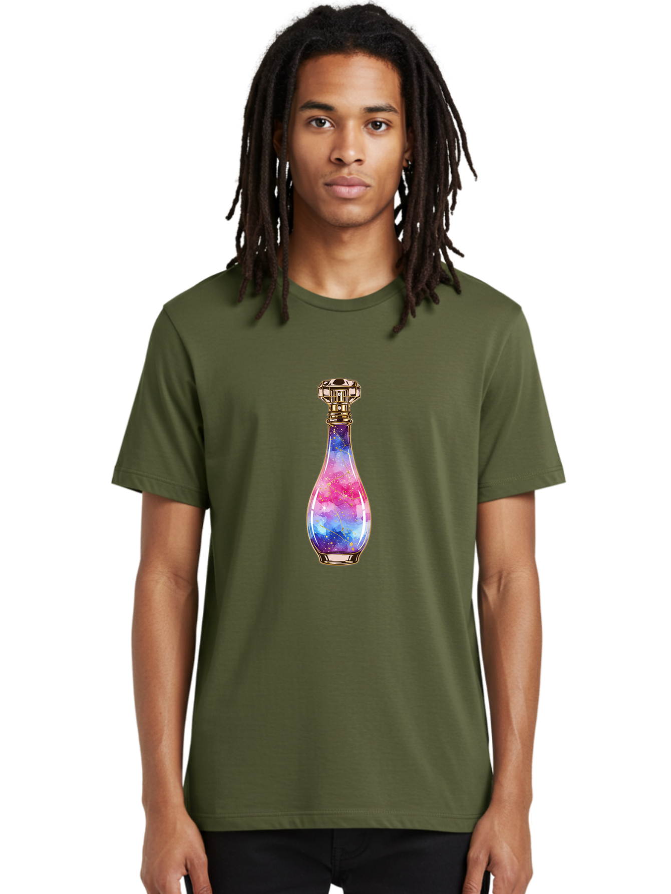 Galaxy-Perfume-Bottle-1 Men'S Graphic Tee, 100% Cotton, Comfortable Casual Summer Wear, Machine Washable, Vintage Camera, Old Camera, Antique Camera, Black Camera, Classic Photography, Photography Equipment, Nostalgic Device, Film Camera, Baj050