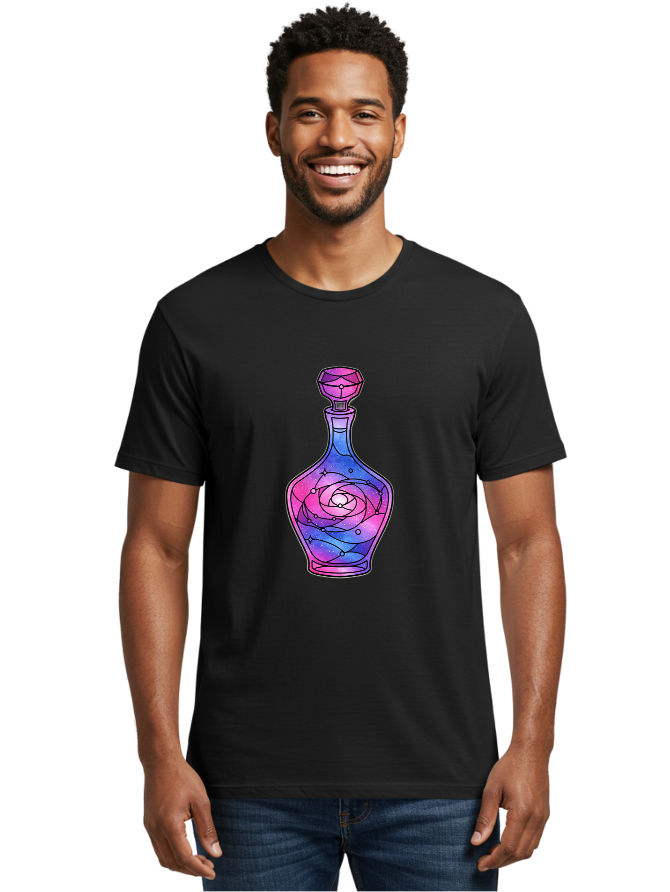 Galaxy-Perfume-Bottle-2 Men'S Graphic Tee, 100% Cotton, Comfortable Casual Summer Wear, Machine Washable, Vintage Camera, Old Camera, Antique Camera, Black Camera, Classic Photography, Photography Equipment, Nostalgic Device, Film Camera, Baj051