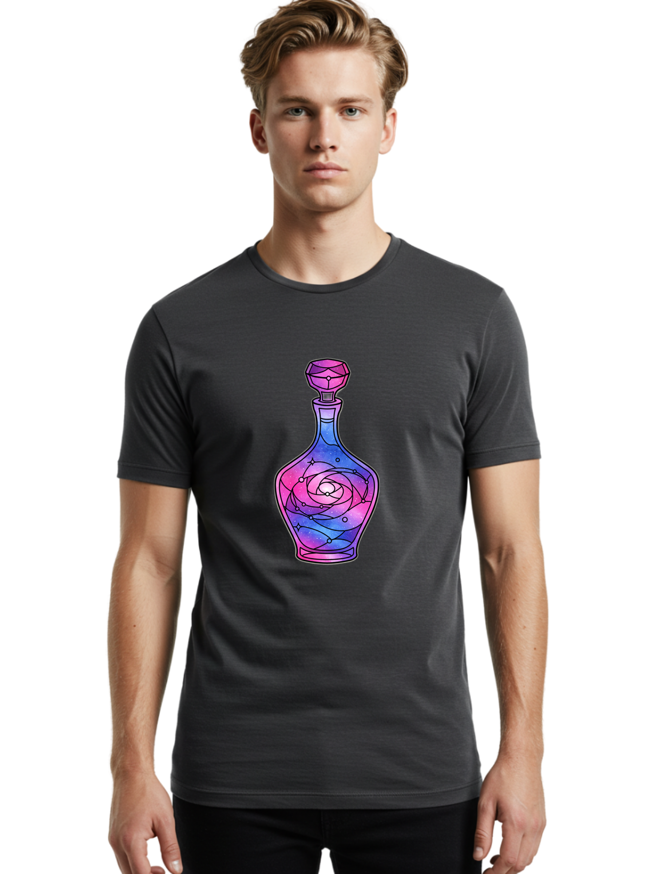 Galaxy-Perfume-Bottle-2 Men'S Graphic Tee, 100% Cotton, Comfortable Casual Summer Wear, Machine Washable, Vintage Camera, Old Camera, Antique Camera, Black Camera, Classic Photography, Photography Equipment, Nostalgic Device, Film Camera, Baj051