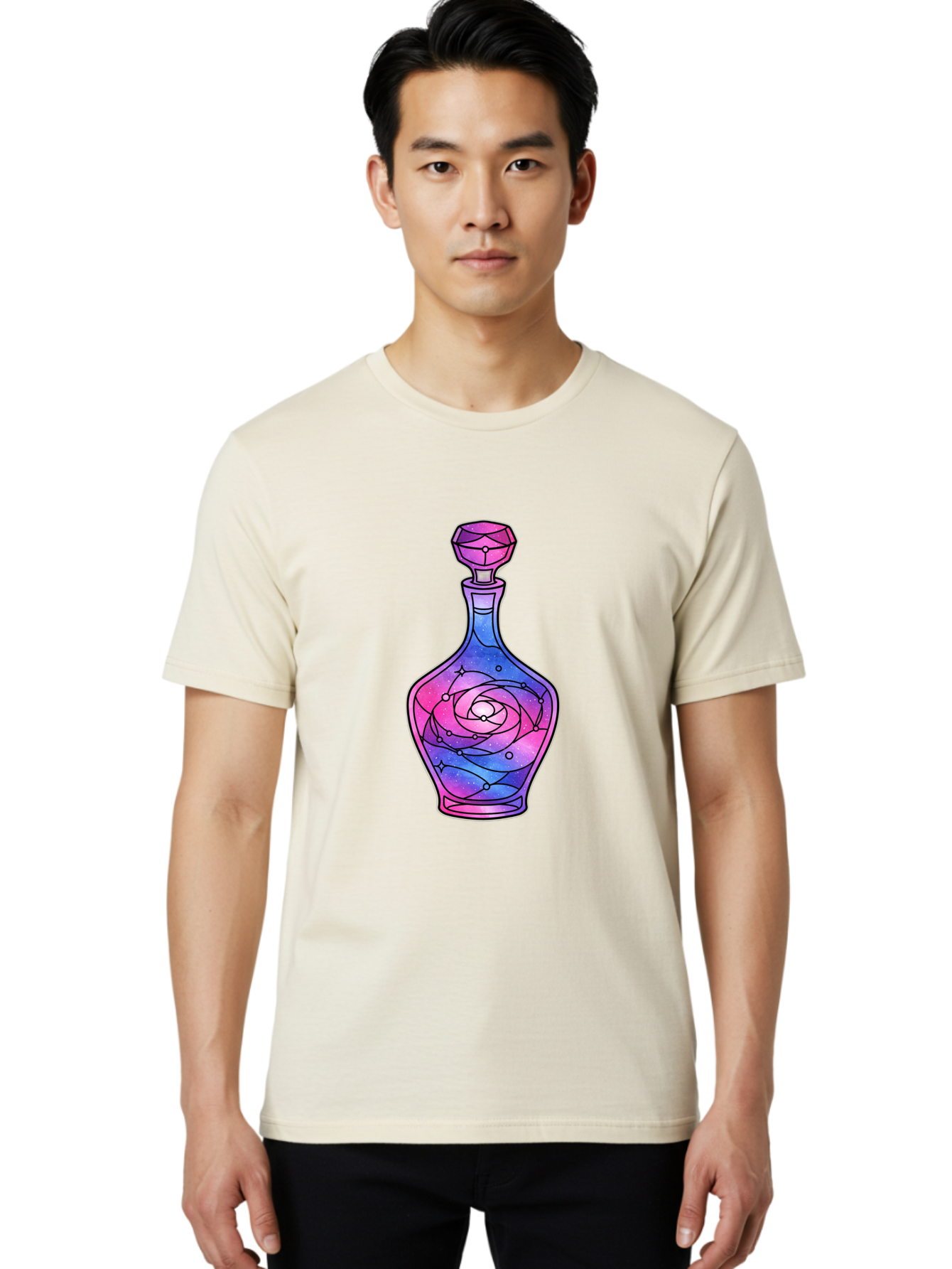 Galaxy-Perfume-Bottle-2 Men'S Graphic Tee, 100% Cotton, Comfortable Casual Summer Wear, Machine Washable, Vintage Camera, Old Camera, Antique Camera, Black Camera, Classic Photography, Photography Equipment, Nostalgic Device, Film Camera, Baj051