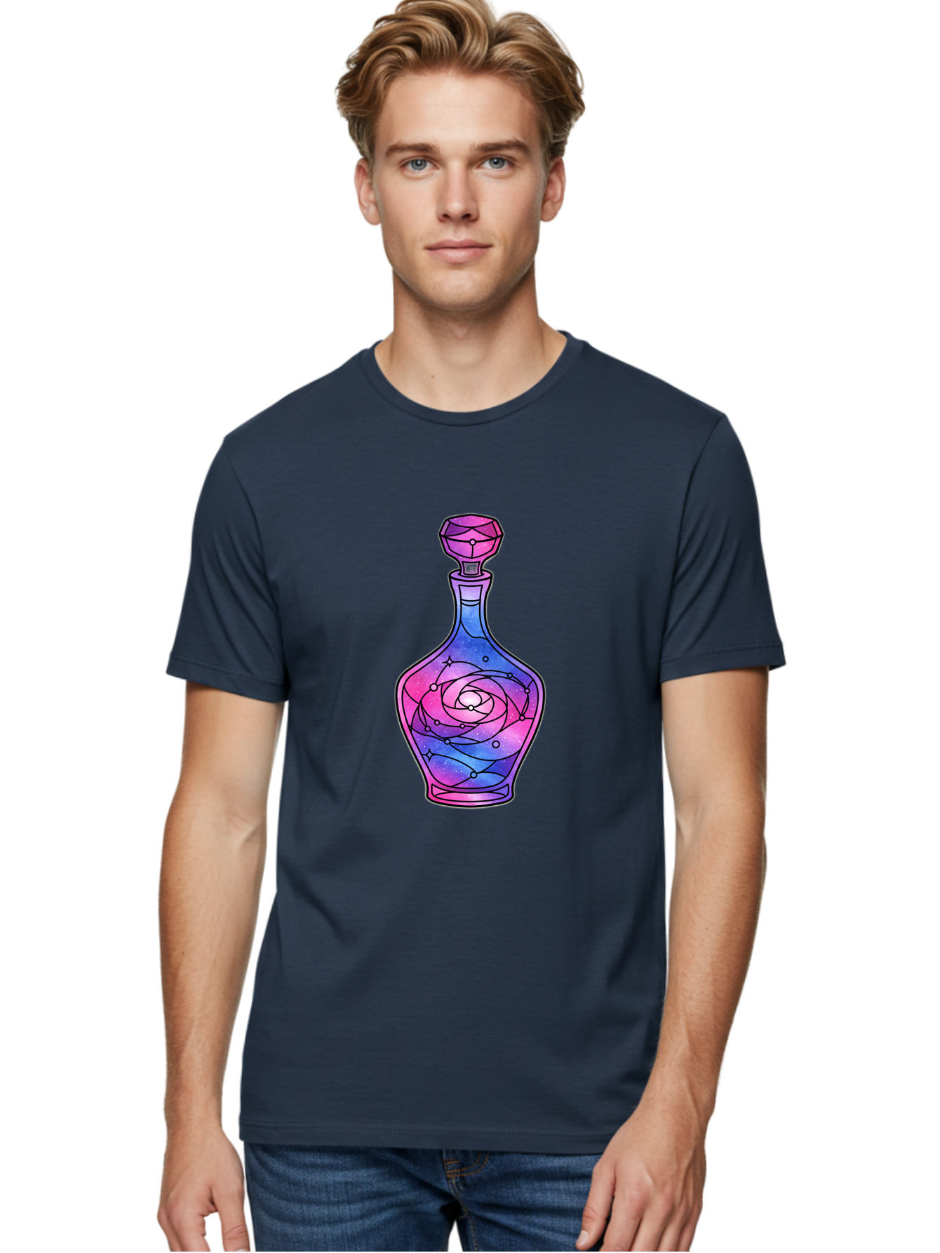 Galaxy-Perfume-Bottle-2 Men'S Graphic Tee, 100% Cotton, Comfortable Casual Summer Wear, Machine Washable, Vintage Camera, Old Camera, Antique Camera, Black Camera, Classic Photography, Photography Equipment, Nostalgic Device, Film Camera, Baj051