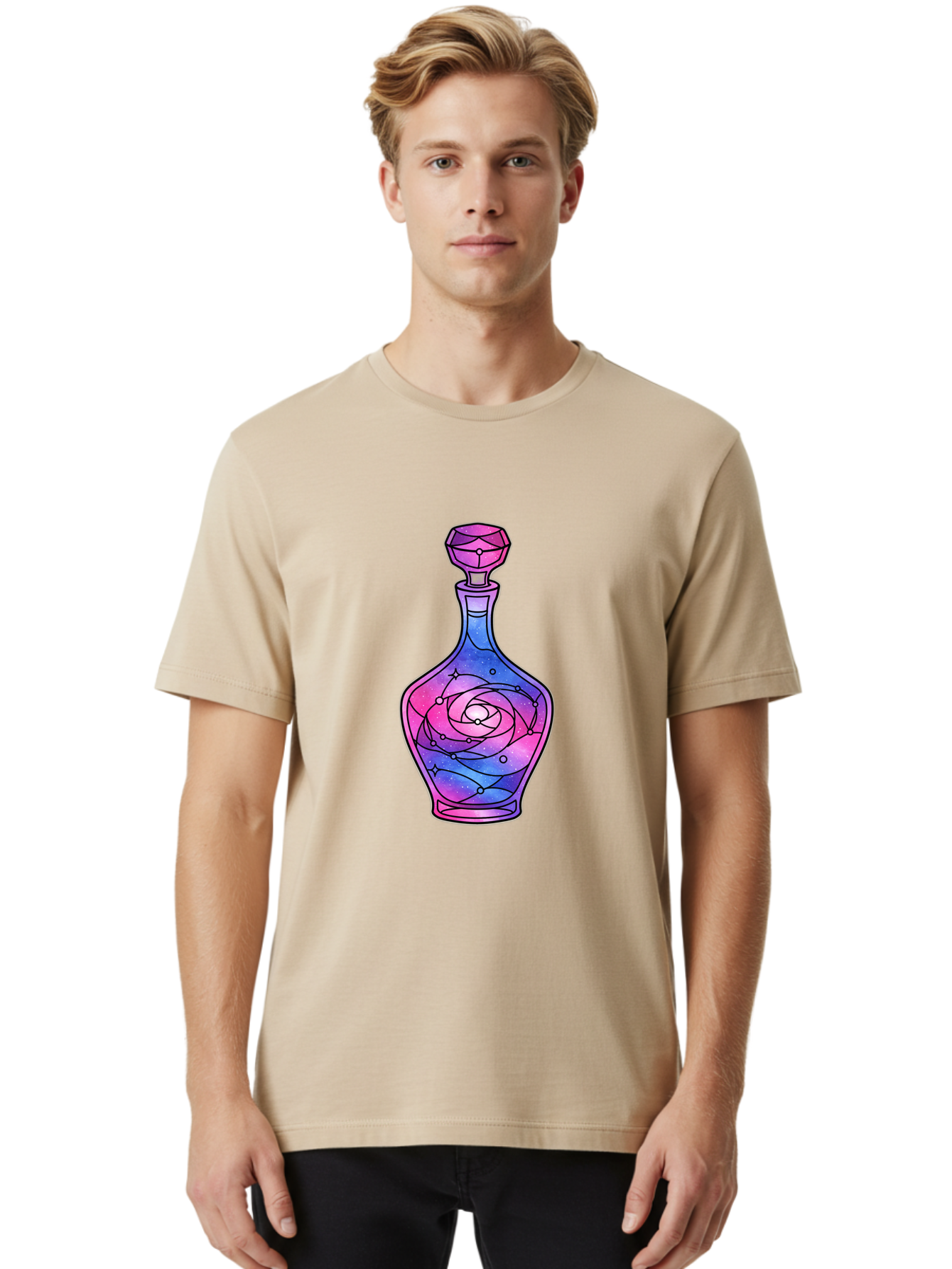 Galaxy-Perfume-Bottle-2 Men'S Graphic Tee, 100% Cotton, Comfortable Casual Summer Wear, Machine Washable, Vintage Camera, Old Camera, Antique Camera, Black Camera, Classic Photography, Photography Equipment, Nostalgic Device, Film Camera, Baj051