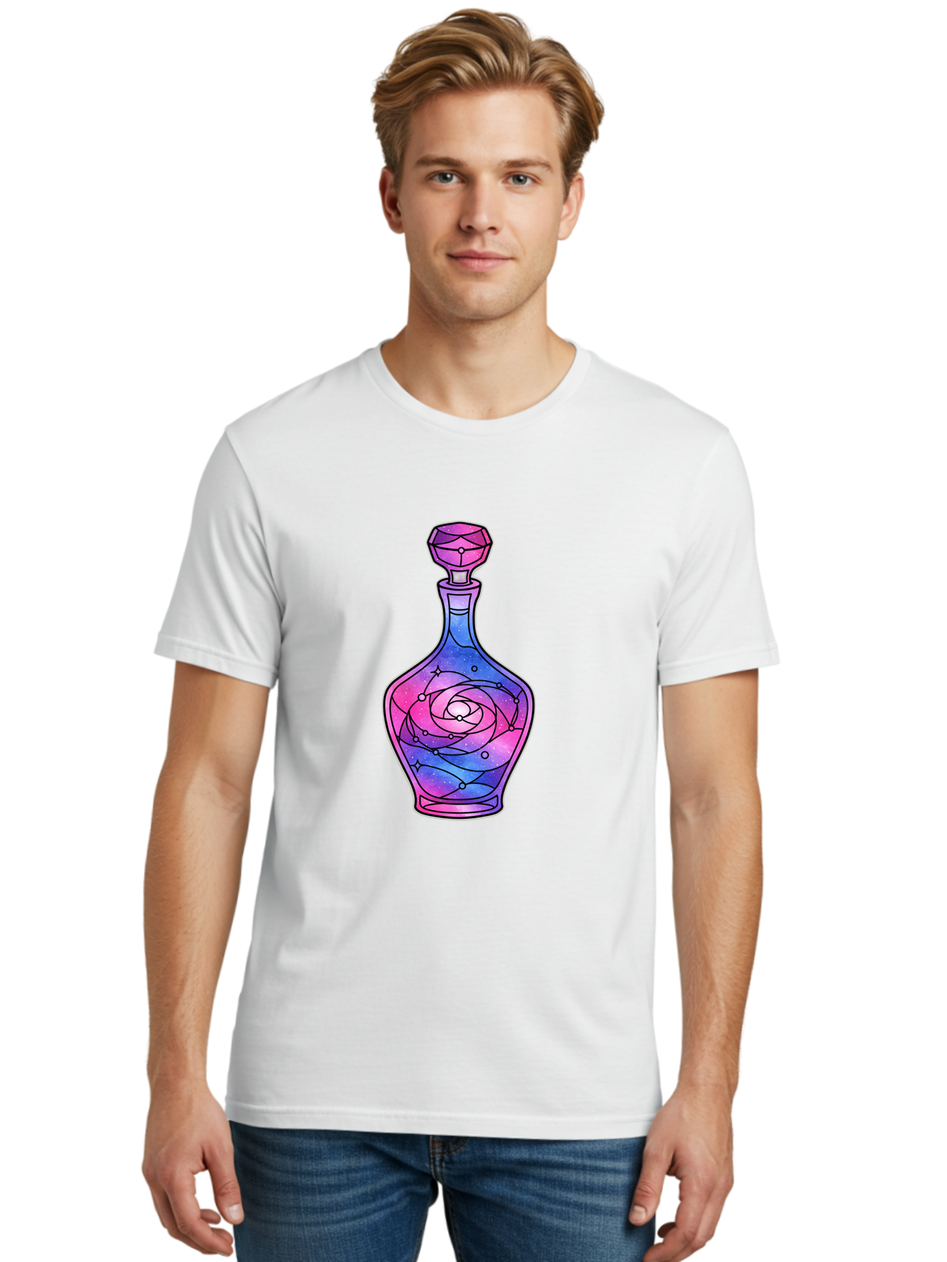 Galaxy-Perfume-Bottle-2 Men'S Graphic Tee, 100% Cotton, Comfortable Casual Summer Wear, Machine Washable, Vintage Camera, Old Camera, Antique Camera, Black Camera, Classic Photography, Photography Equipment, Nostalgic Device, Film Camera, Baj051