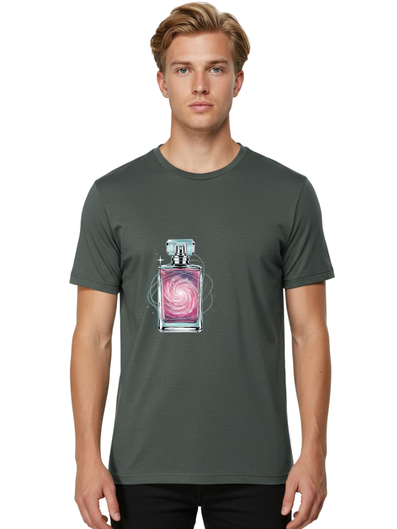Galaxy-Perfume-Bottle-3 Men'S Graphic Tee, 100% Cotton, Comfortable Casual Summer Wear, Machine Washable, Vintage Camera, Old Camera, Antique Camera, Black Camera, Classic Photography, Photography Equipment, Nostalgic Device, Film Camera, Baj052
