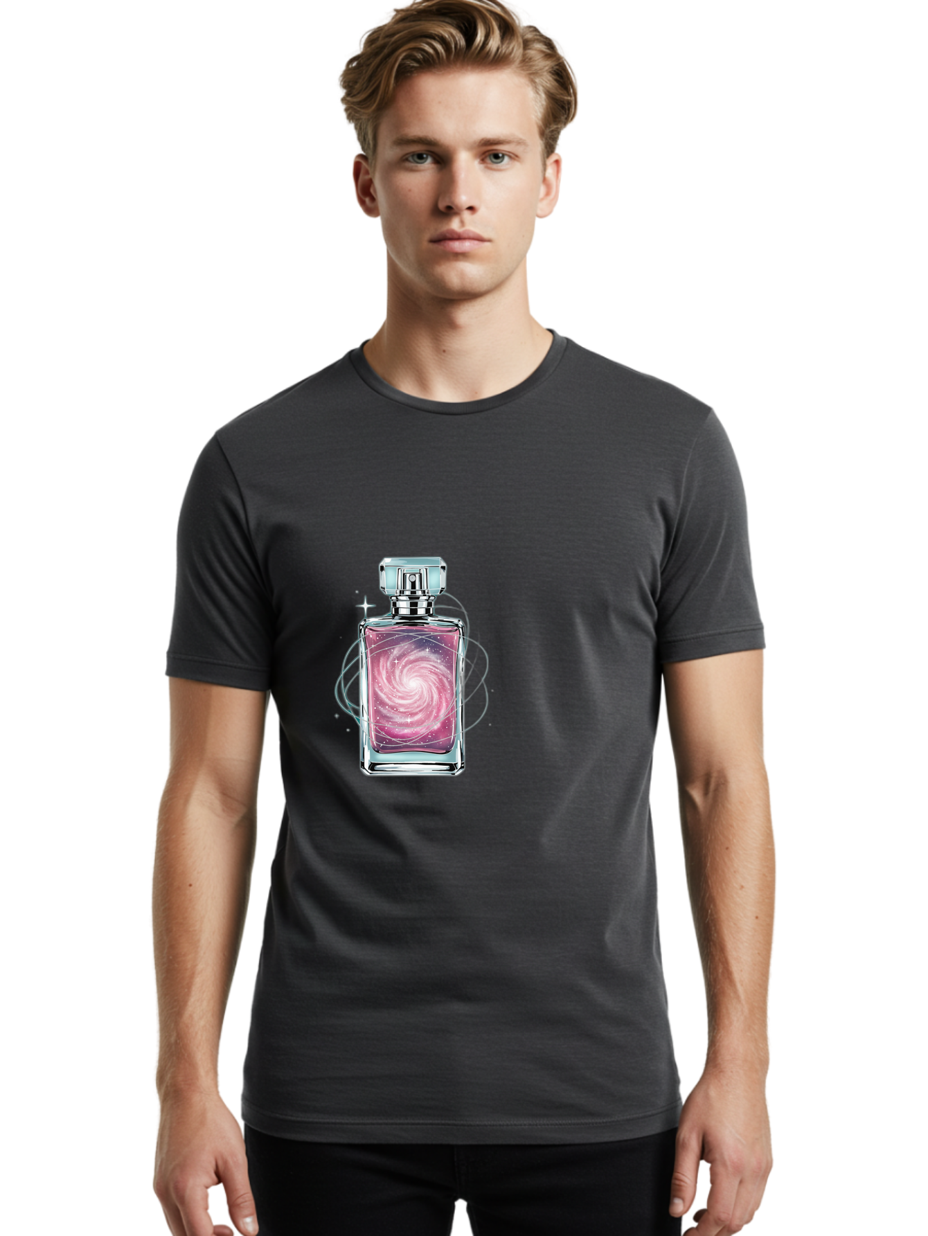 Galaxy-Perfume-Bottle-3 Men'S Graphic Tee, 100% Cotton, Comfortable Casual Summer Wear, Machine Washable, Vintage Camera, Old Camera, Antique Camera, Black Camera, Classic Photography, Photography Equipment, Nostalgic Device, Film Camera, Baj052
