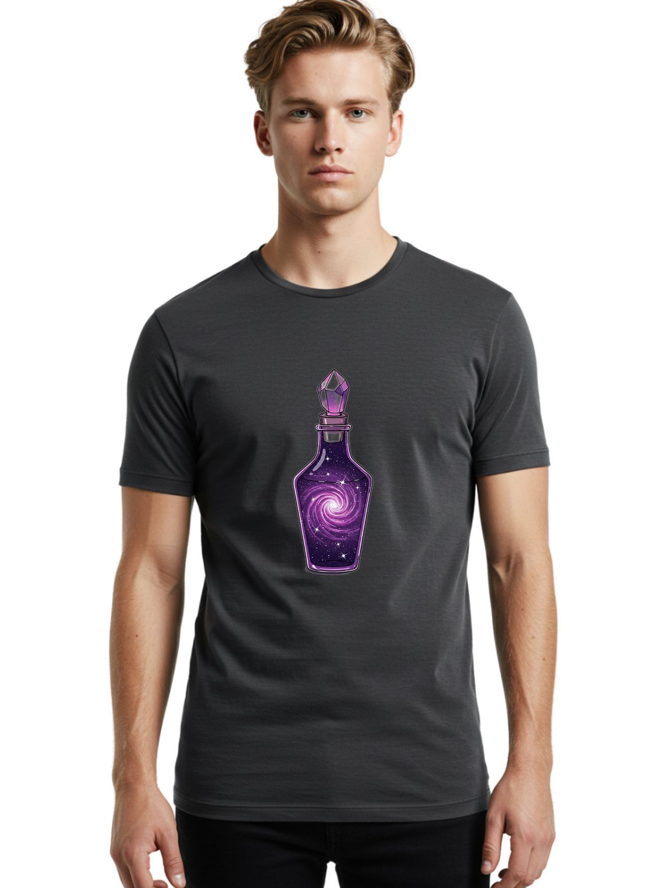 Galaxy-Potion-Bottle-2 Men'S Graphic Tee, 100% Cotton, Comfortable Casual Summer Wear, Machine Washable, Vintage Camera, Old Camera, Antique Camera, Black Camera, Classic Photography, Photography Equipment, Nostalgic Device, Film Camera, Baj059