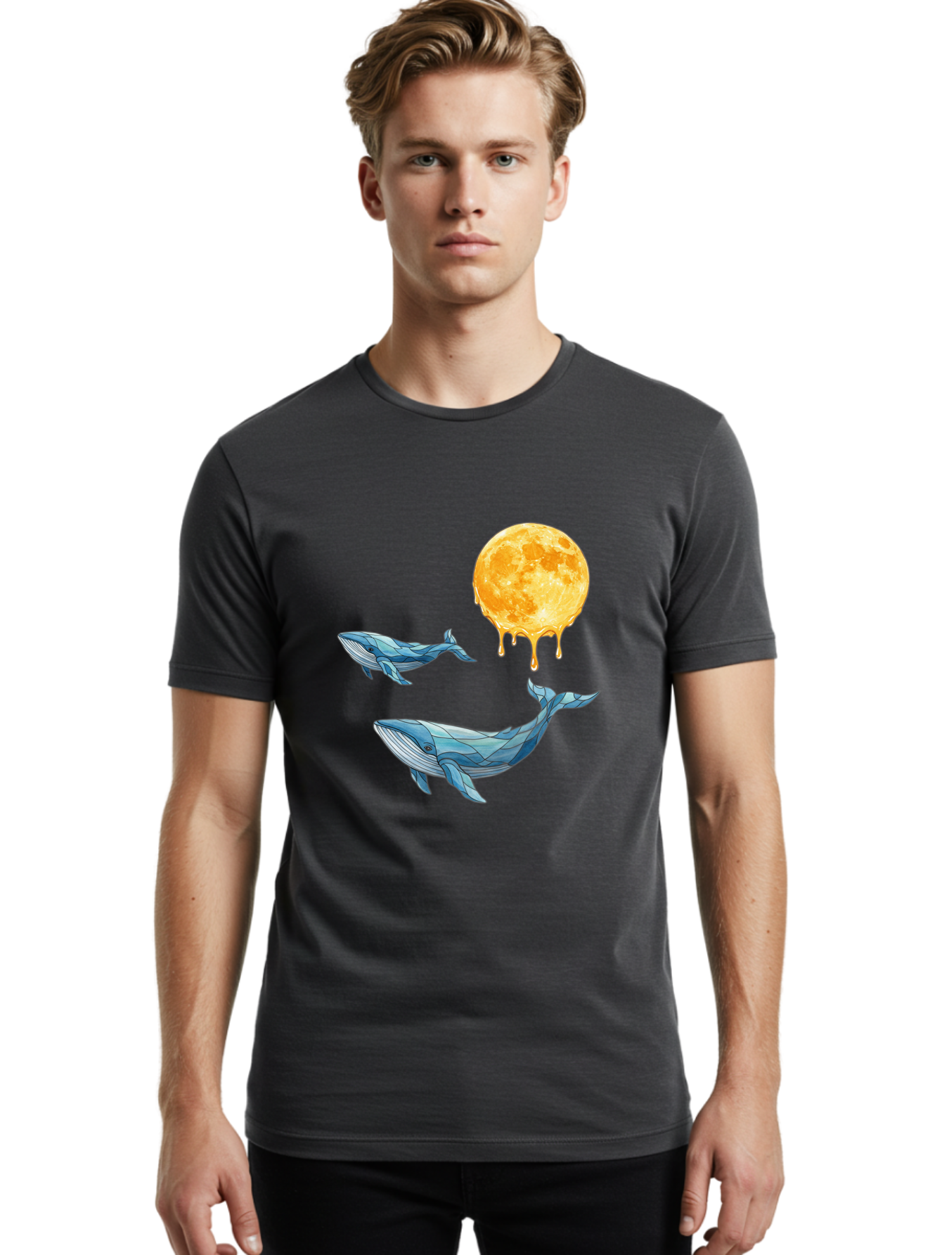 Low-Poly-Whales-Dripping-Moon Men'S Graphic Tee, 100% Cotton, Comfortable Casual Summer Wear, Machine Washable, Vintage Camera, Old Camera, Antique Camera, Black Camera, Classic Photography, Photography Equipment, Nostalgic Device, Baj093