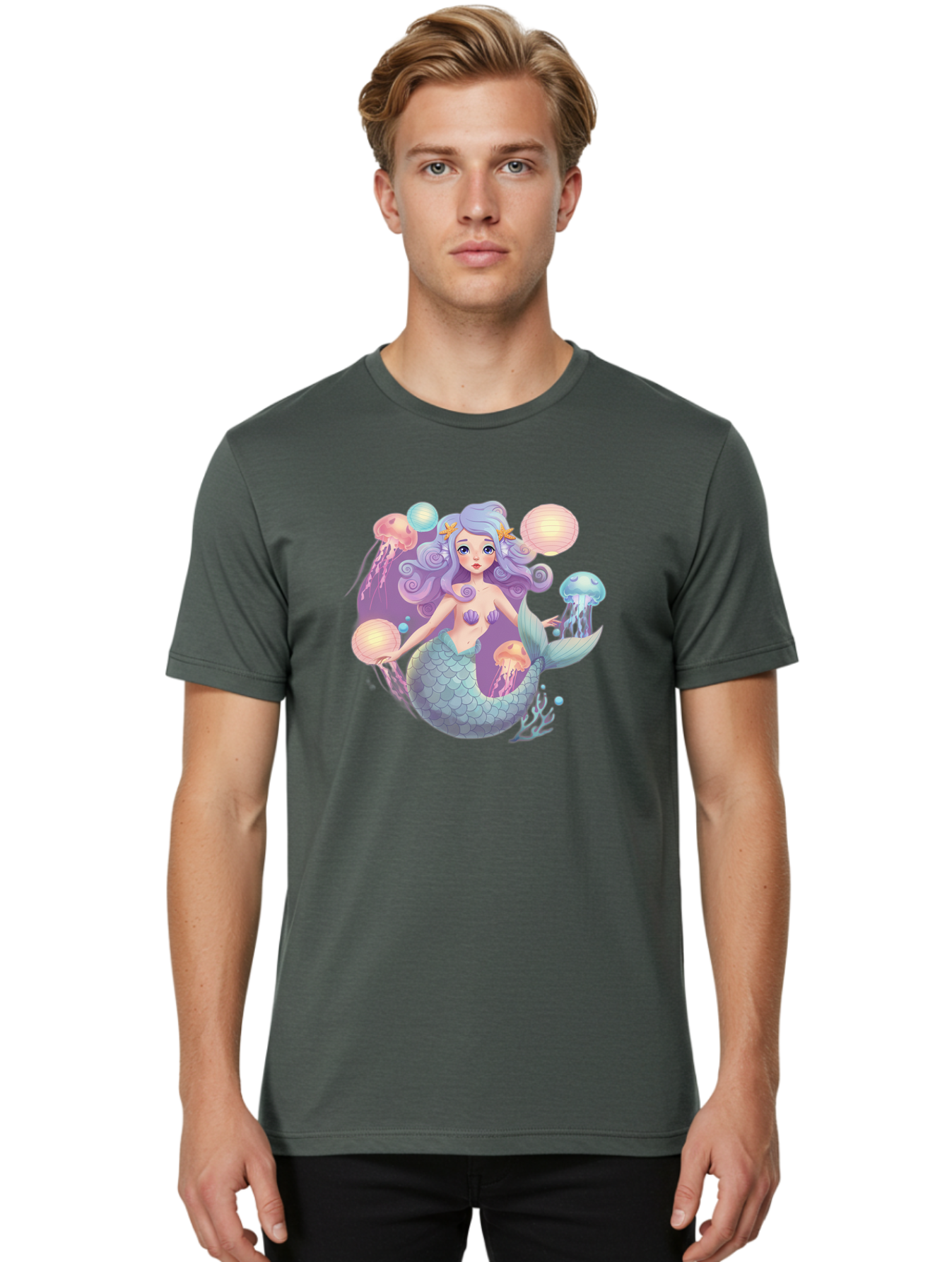 Mermaid-With-Jellyfish-1 Men'S Graphic Tee, 100% Cotton, Comfortable Casual Summer Wear, Machine Washable, Vintage Camera, Old Camera, Antique Camera, Black Camera, Classic Photography, Photography Equipment, Nostalgic Device, Film Camera, Baj110