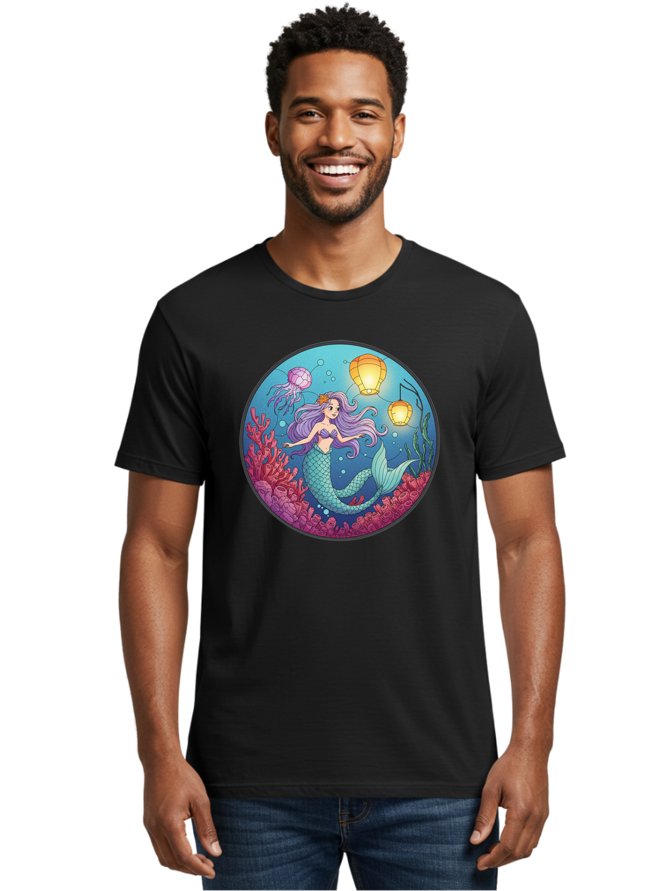 Mermaid-With-Lanterns-1 Men'S Graphic Tee, 100% Cotton, Comfortable Casual Summer Wear, Machine Washable, Vintage Camera, Old Camera, Antique Camera, Black Camera, Classic Photography, Photography Equipment, Nostalgic Device, Film Camera, Baj112