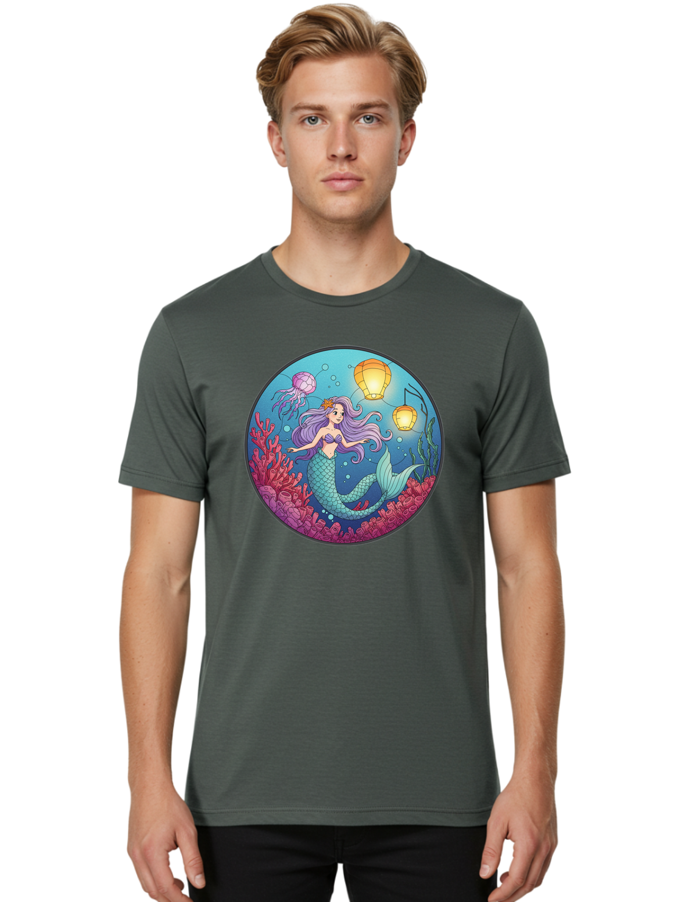 Mermaid-With-Lanterns-1 Men'S Graphic Tee, 100% Cotton, Comfortable Casual Summer Wear, Machine Washable, Vintage Camera, Old Camera, Antique Camera, Black Camera, Classic Photography, Photography Equipment, Nostalgic Device, Film Camera, Baj112